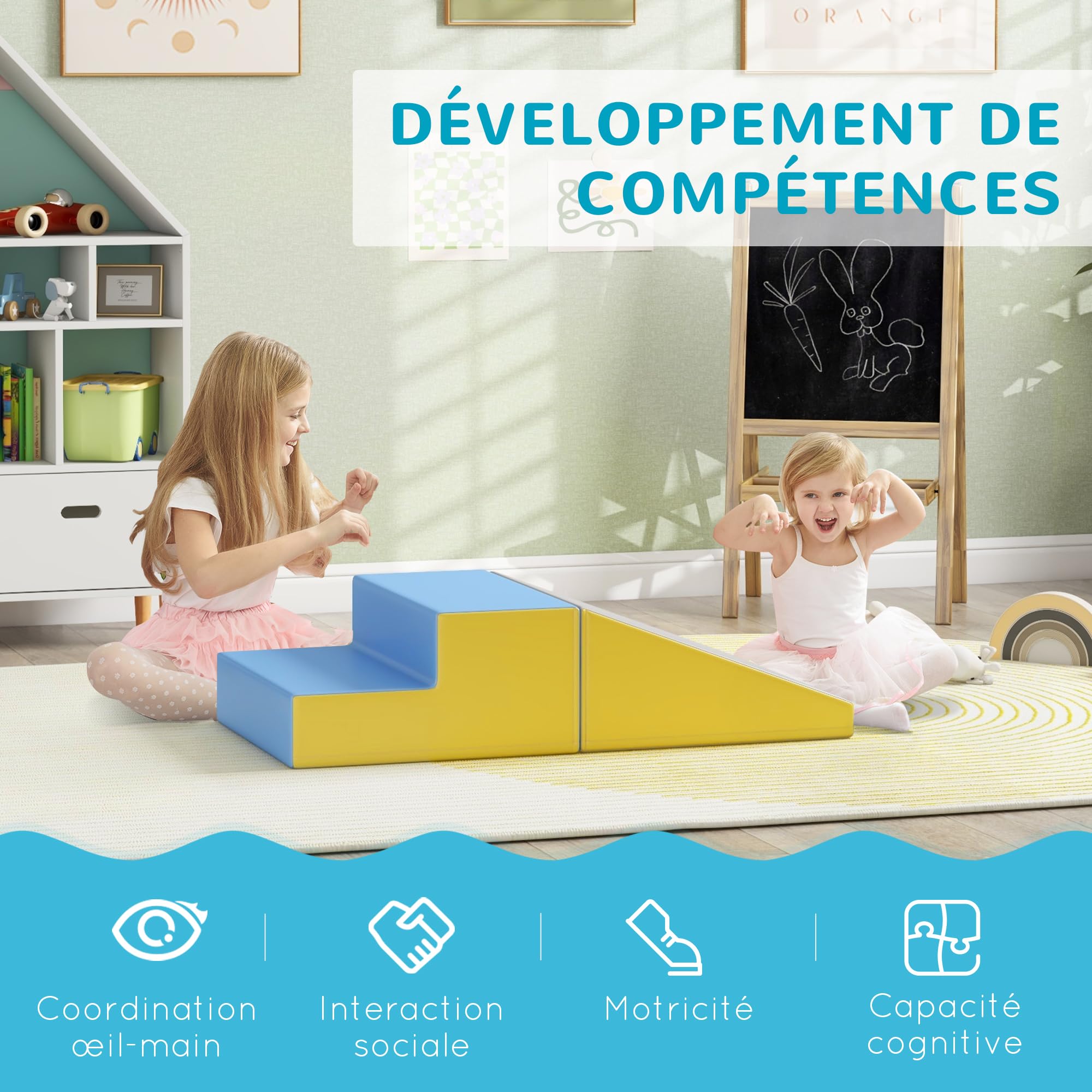HOMCOM Parcours motricité bébé modulable, Jouets d'escalade, Mousse Blocs de Construction Jouets éducatifs, 2 Briques géantes en Mousse, pour Enfants 12 à 36 Mois, Multicolore