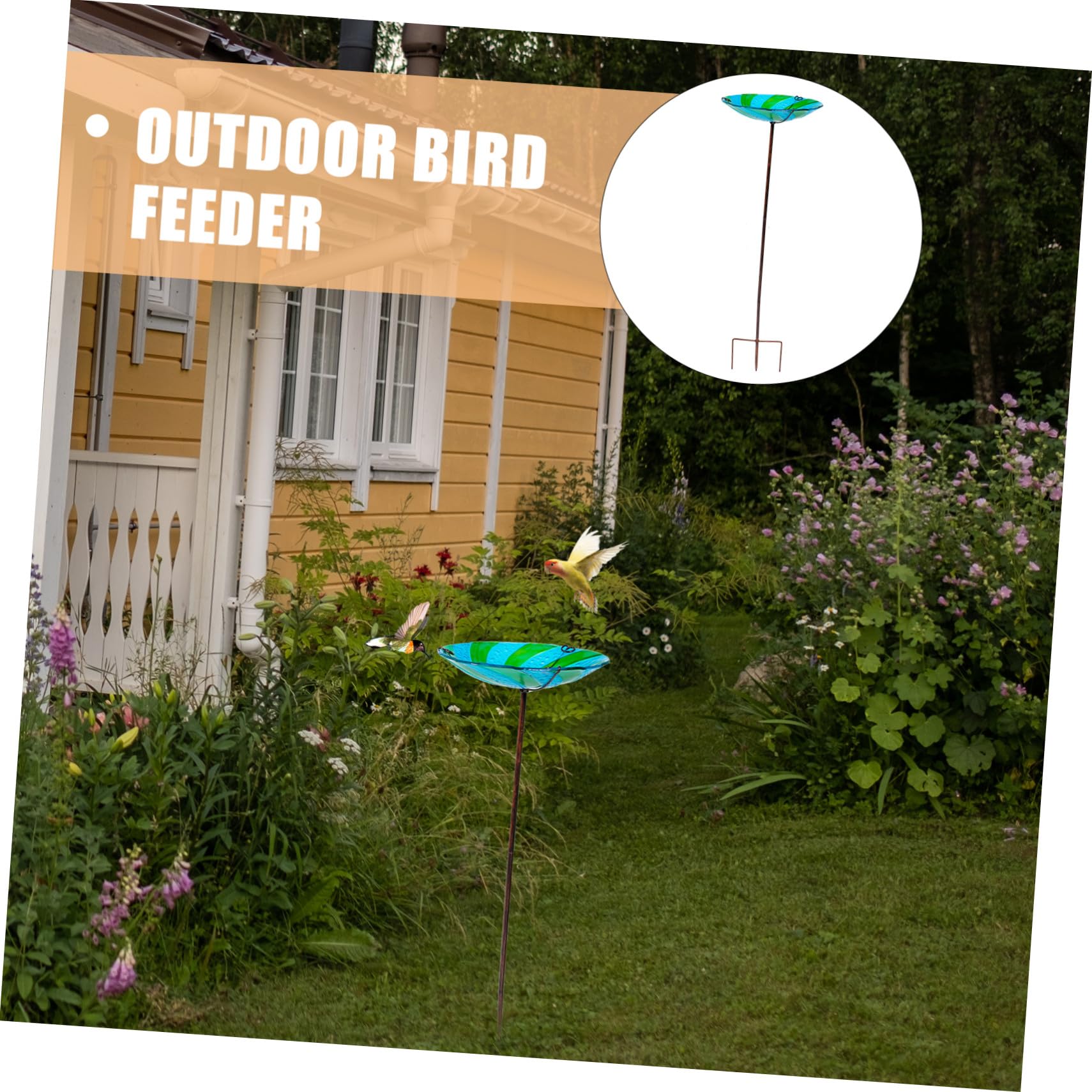 Garten Vogeltränkebecken mit Erdspieß aus Glas und Eisen, Schwarz | Schale zum Füttern und Tränken, für Garten und Zuhause, Geeignet für Kanarienvögel und Papageien