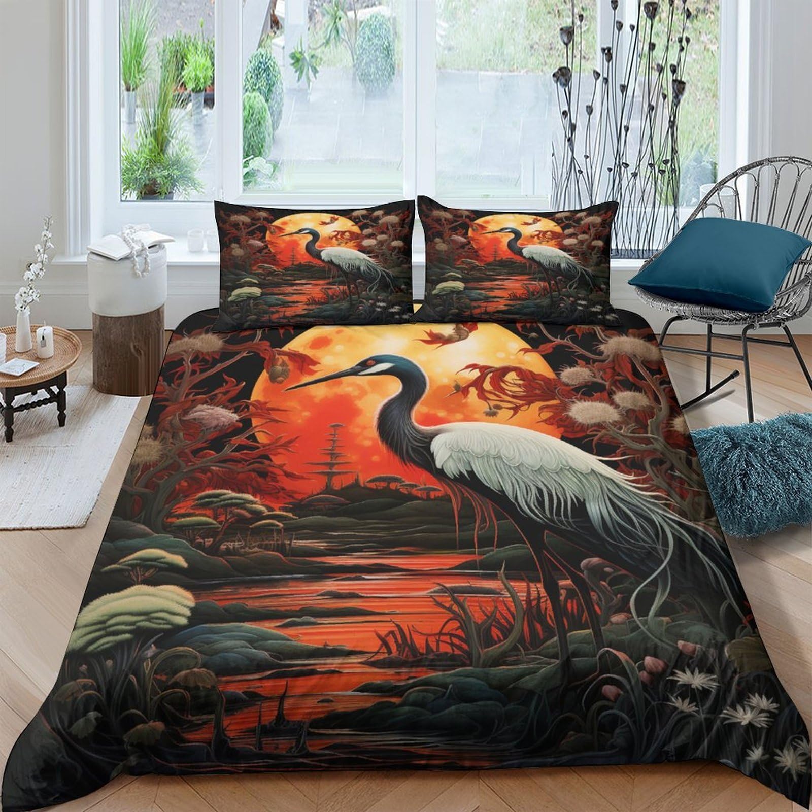 Ctjqhvkz Style-2 3D Printed Sunset Crane Fitted Sheet Microfiber Soft Breathable Wetland Bed Cover For Bedroom Dorm Mattress Protection Decor Single（135X200cm）