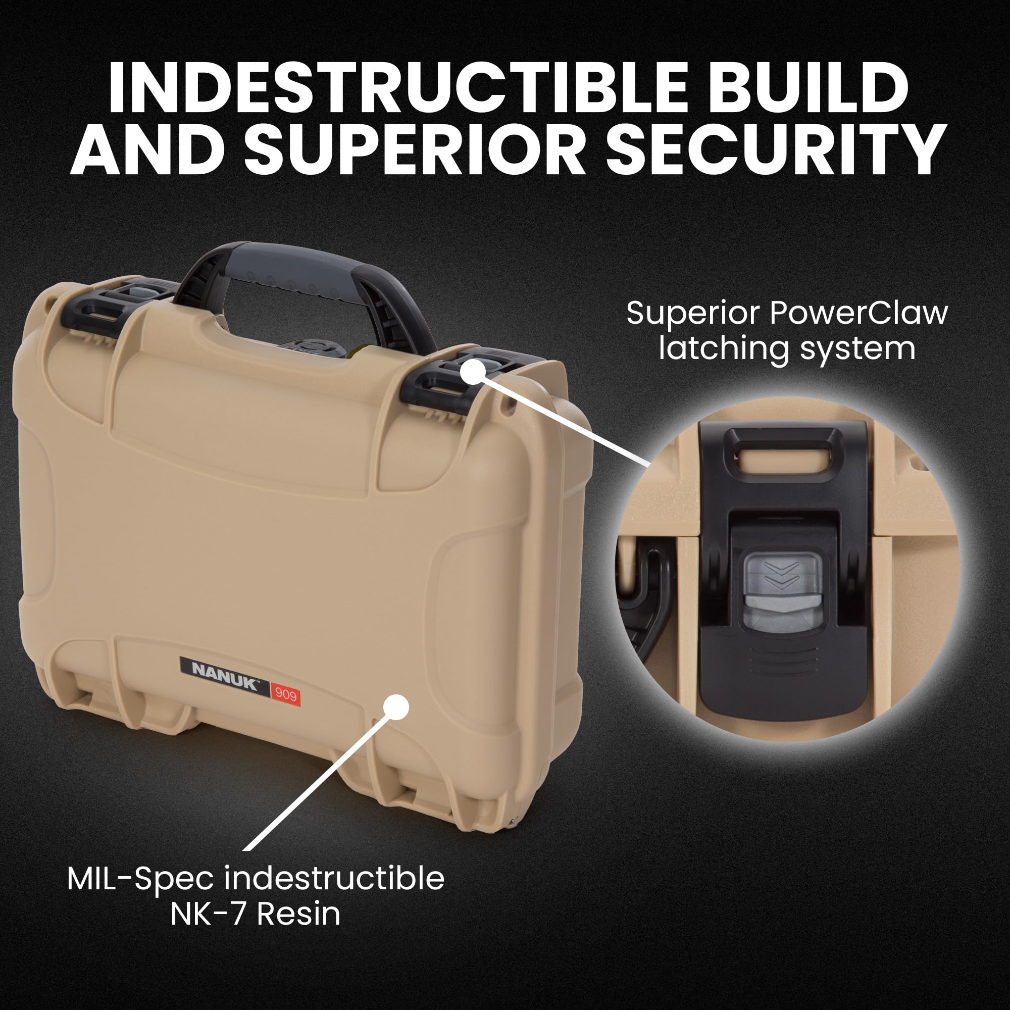 NANUK 909 Hard Case with Customizable Cubed Foam, IP67 Waterproof & Crushproof, Rugged Construction for Ultimate Protection, Made in North America – Tan (12.6” x 9” x 4.4”)