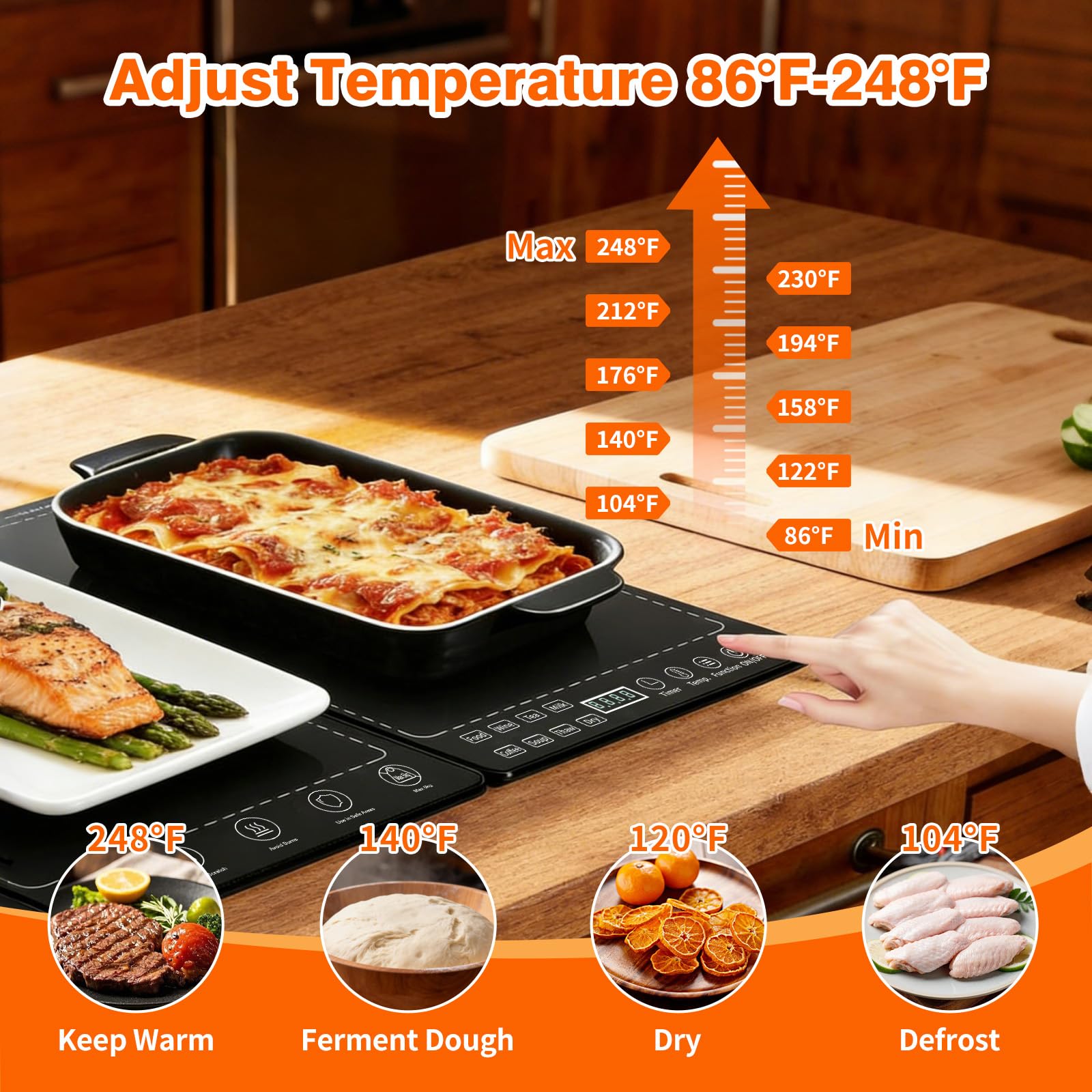 Bandeja de calentamiento eléctrica, calentadores eléctricos modulares 5 en 1 con 10 ajustes de calor y temporizador de 12 horas, alfombrilla de calentamiento de 41 x 15 pulgadas para alimentos