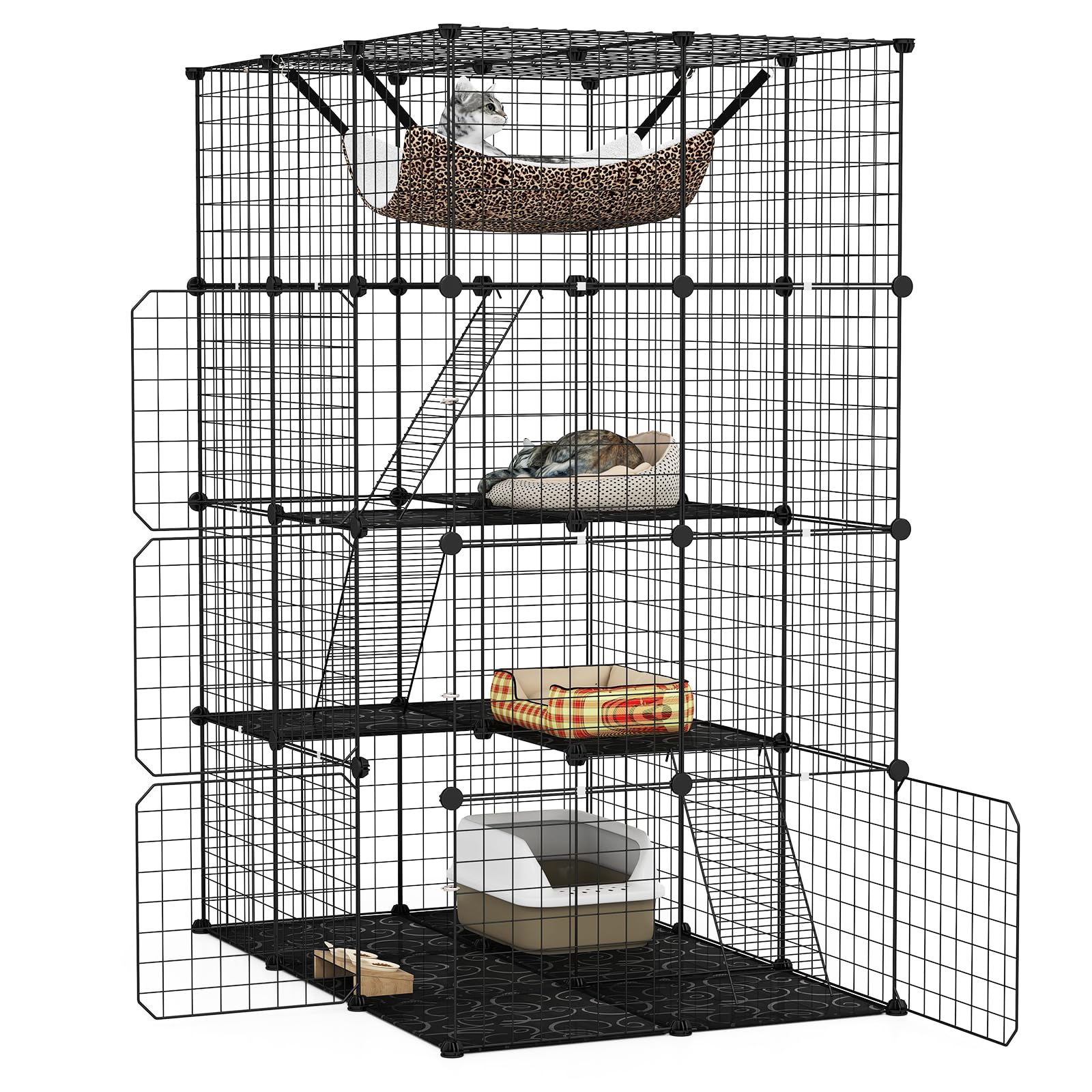Maxmass Large Cat Cage, Indoor DIY Cat Enclosure with Hammock, Ladders, Doors, Sky Window, Detachable Metal Wire Cat House Pet Shelter Crate Pet Kennel for Small Animal (4-Tier: 109x74x143cm)