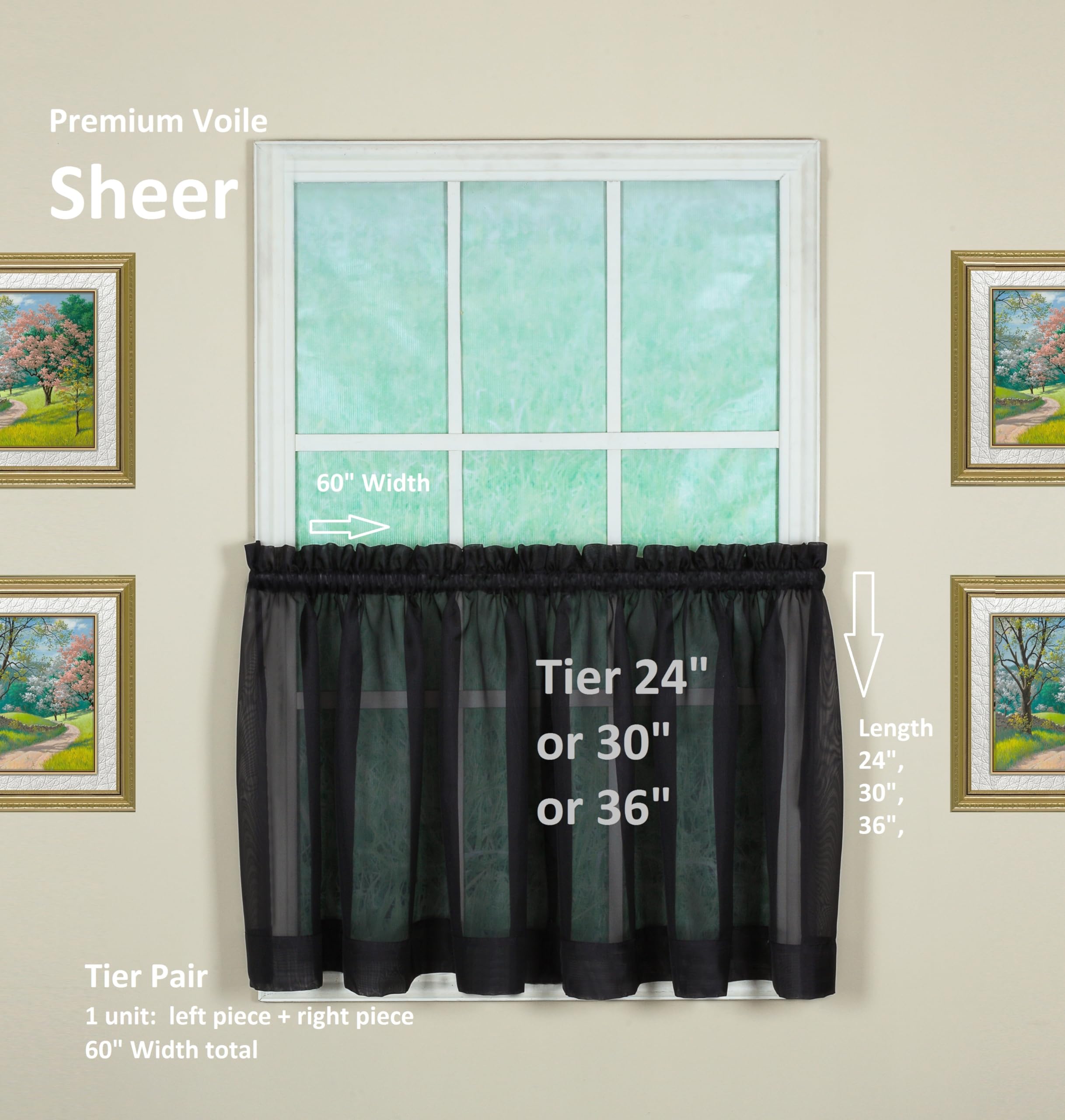 Today's Curtain Emelia Original Voile Tier Pair 30", Black, 60" W x 30" L, W 60" x L 30" (1 Panels) - Image 2
