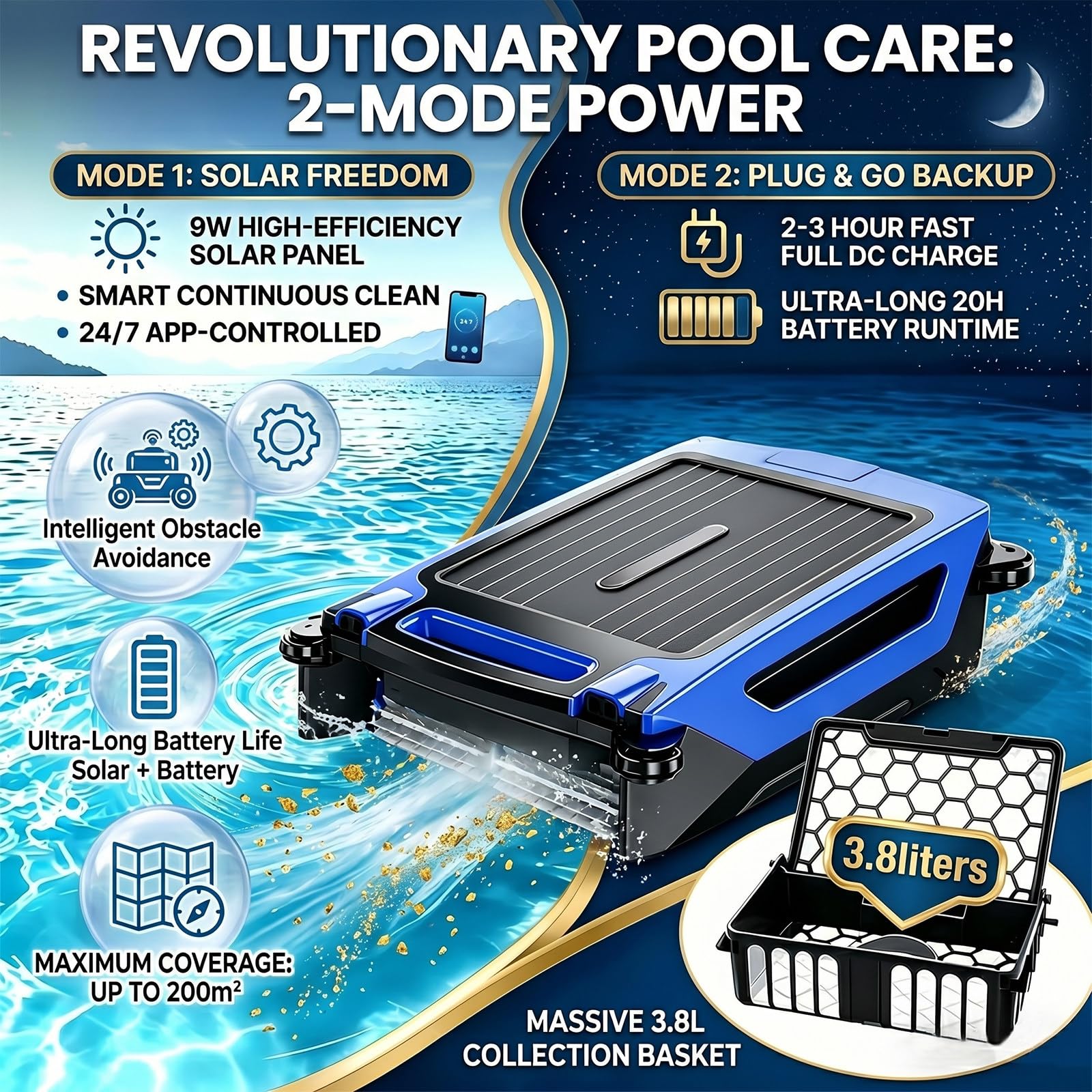 Robot Skimmer de Superficie para Piscinas, Carga Dual (Solar y rápida), Limpieza Continua, Bolsa de Gran Capacidad para residuos (3,8 L), Control por App Blue