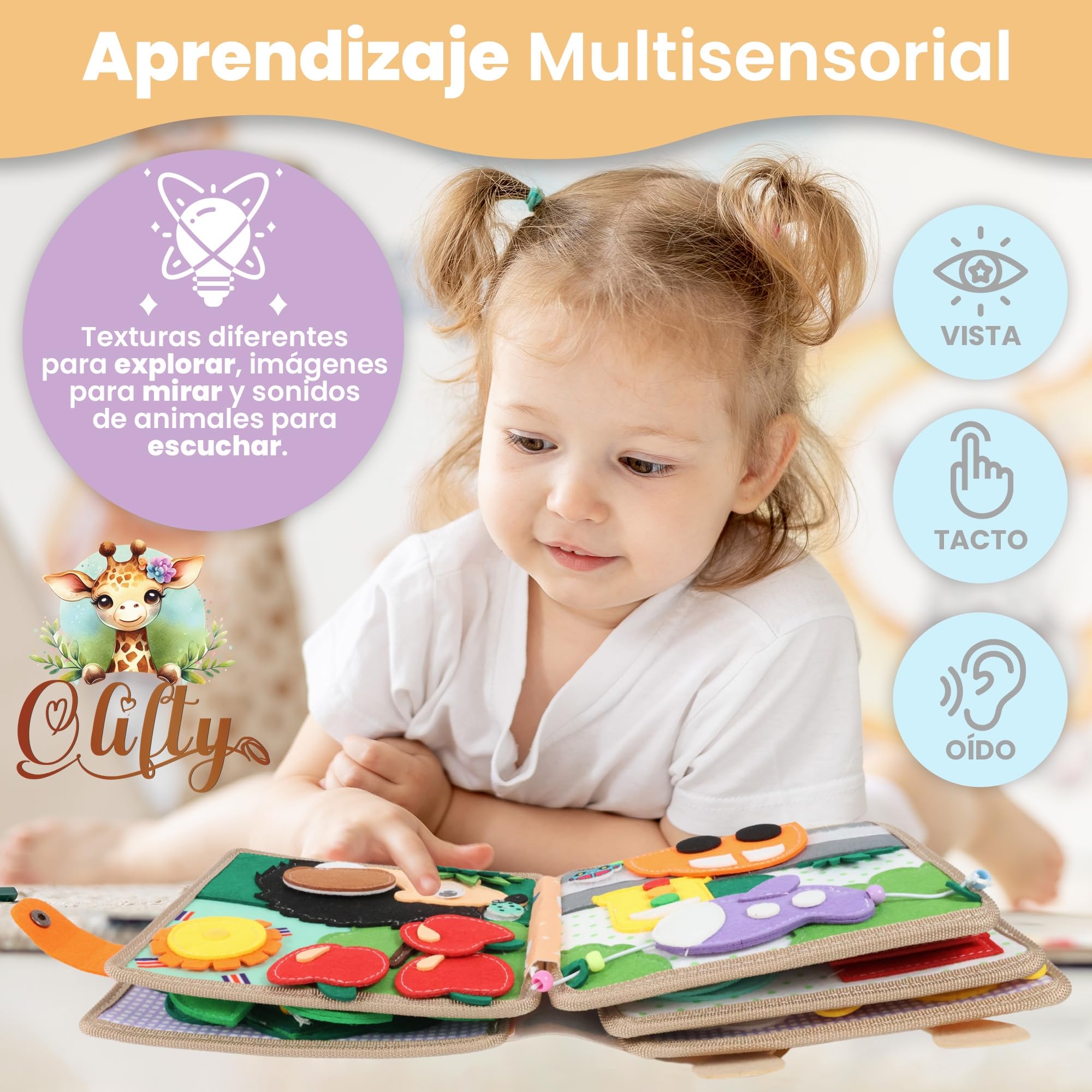 Libro Montessori 1 Año - Busy Board Montessori - Libro Bebé 1 Año - Busy Book - Libro Sensorial Bebé de Fieltro - Tablero Montessori 2 Años (Jirafa) — view 6