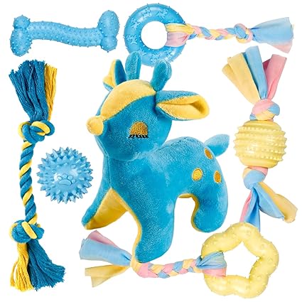 Toozey Puppy Teething Chew Toys, 7 Pack Small Dog Toys, Cute Deer Plush Puppy Squeaky Toys, Durable TPR Puppy Chew Toys for Small Dogs, 100% Natural Cotton Puppy Rope Toys Teething, Non-Toxic and Safe