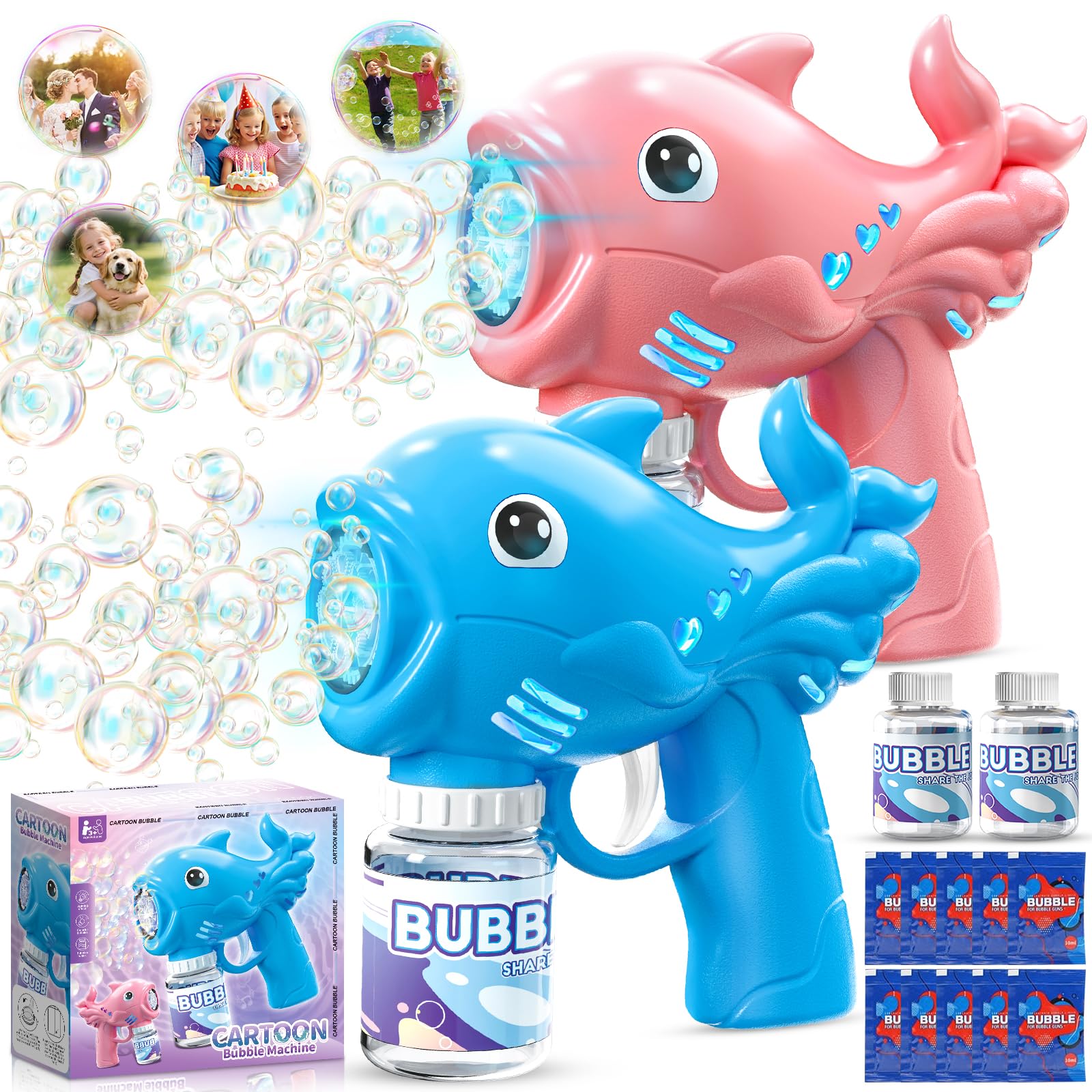 2 Pistola de Burbujas para Niños, Automática Máquina de Burbujas de Jabón con 2×70ML Botellas de Solución, Pompas de Jabon Niños con 8 Aberturas & Luces, para Fiesta, Actividades al Aire Libre