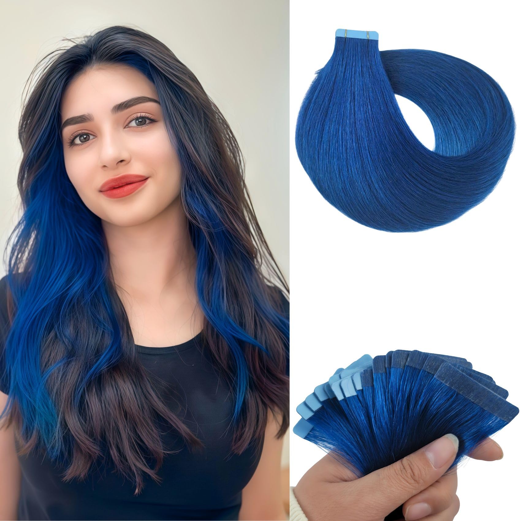 Blue Tape in Hair Extensions Human Hair Invisible 18 Inch Tape in Human Hair Extensions for Party Girls