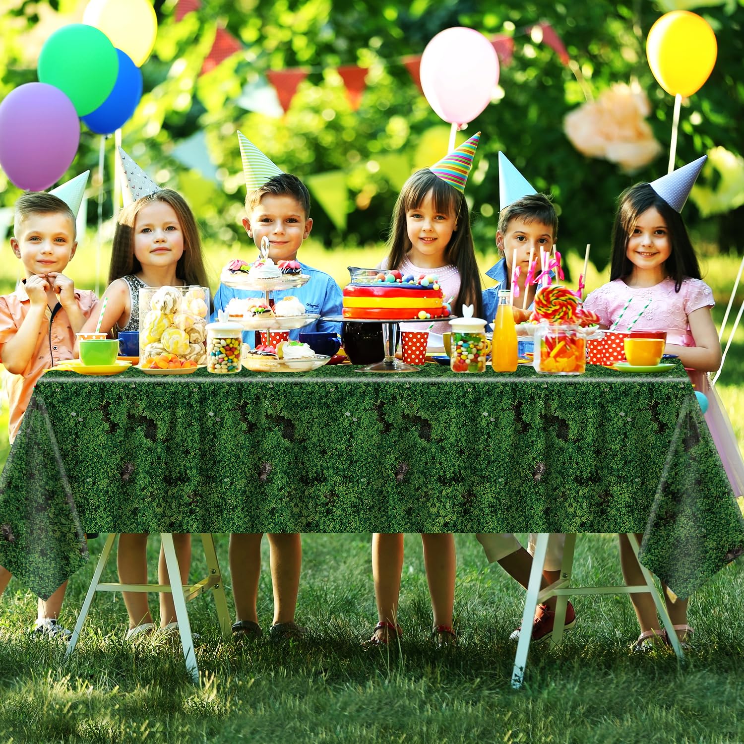 4 Pcs Green Moss Tablecloth Green Leaves Tablecloth Grass Tablecloths Plastic Forest Jungle Table Cover Plants Nature Themed Party Table Decor Forest Party Decorations Moss Theme Supplies 86 x 51 Inch - Image 2