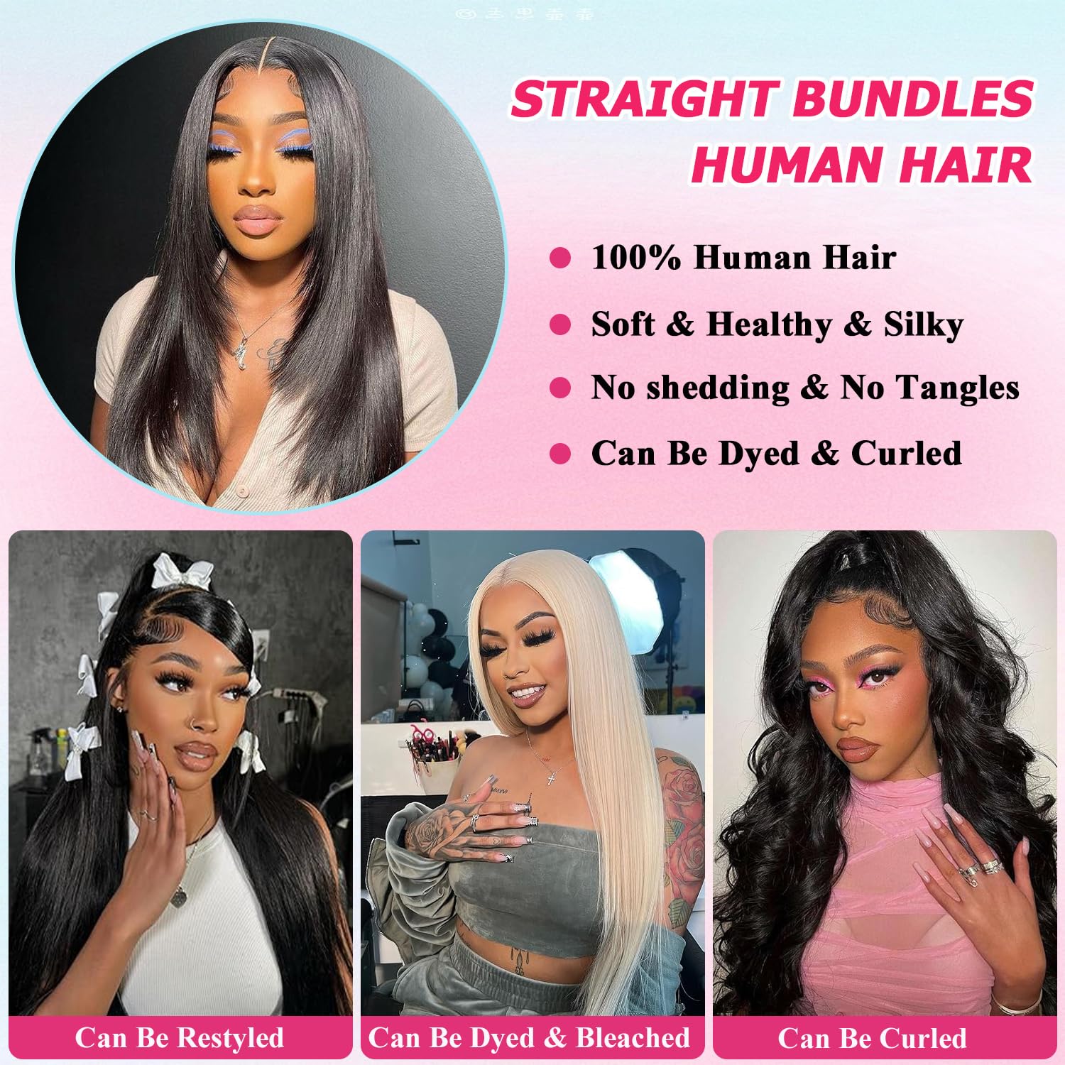 Tissage Brésilien Lisse Tissage Naturel Cheveux Humain Straight Human Hair Bundles Couleur Naturelle Human Hair Extensions Double Weft Remy Hair 3 Bundle for Woman 14 16 18 Pouces
