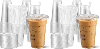 AOZITA [100 Sets 12 oz Clear Plastic Cups With Lids and Straws, Disposable Cups With Lids for Iced Coffee, Smoothie, Milkshake and Cold Drinks. (Pack of 2)