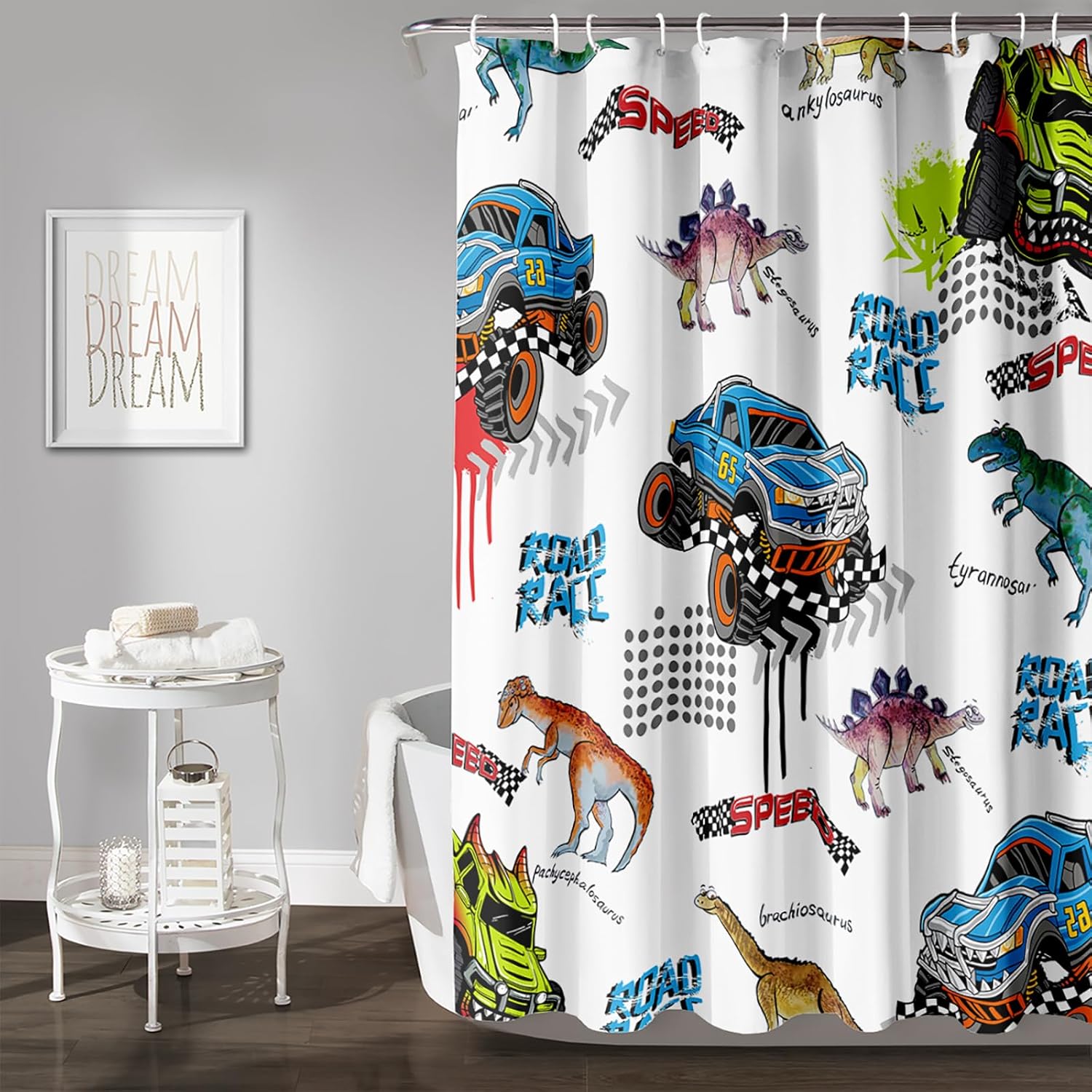 AILONEN Kids Truck Dinosaur Shower Curtain for Bathroom,Blue Cartoon Monster Truck Themed Waterproof Bath Curtain 60" W x 72" H for Boys Teens