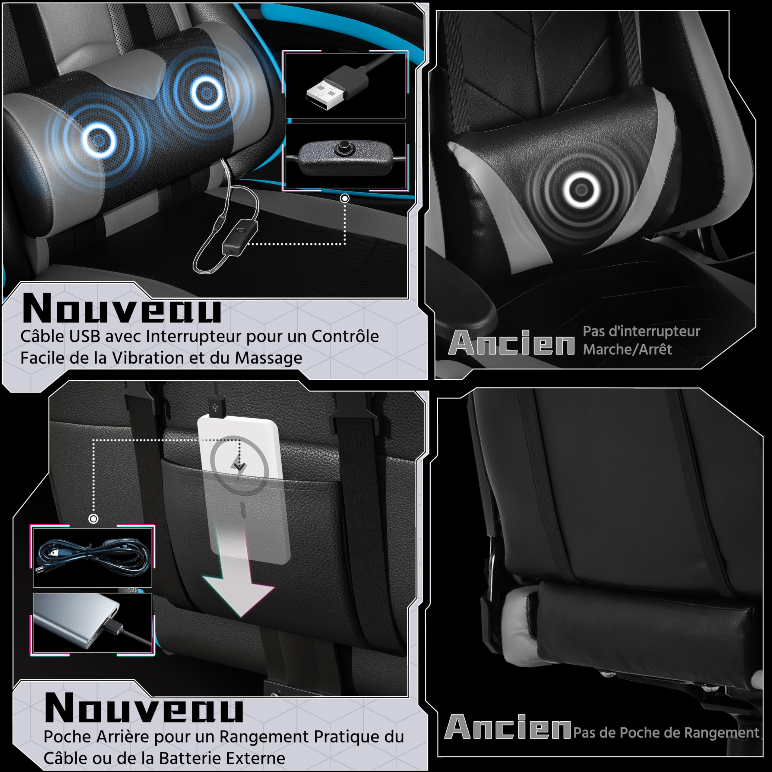 Yaheetech Chaise Gaming Massage Dossier Ailes Latérales Repose-Pieds Gris | Inclinable & Hauteur Ajustable Base 72cm Charge 150kg Têtière Incluse Coussin Lombaire Massant USB Similicuir Bureau Salle