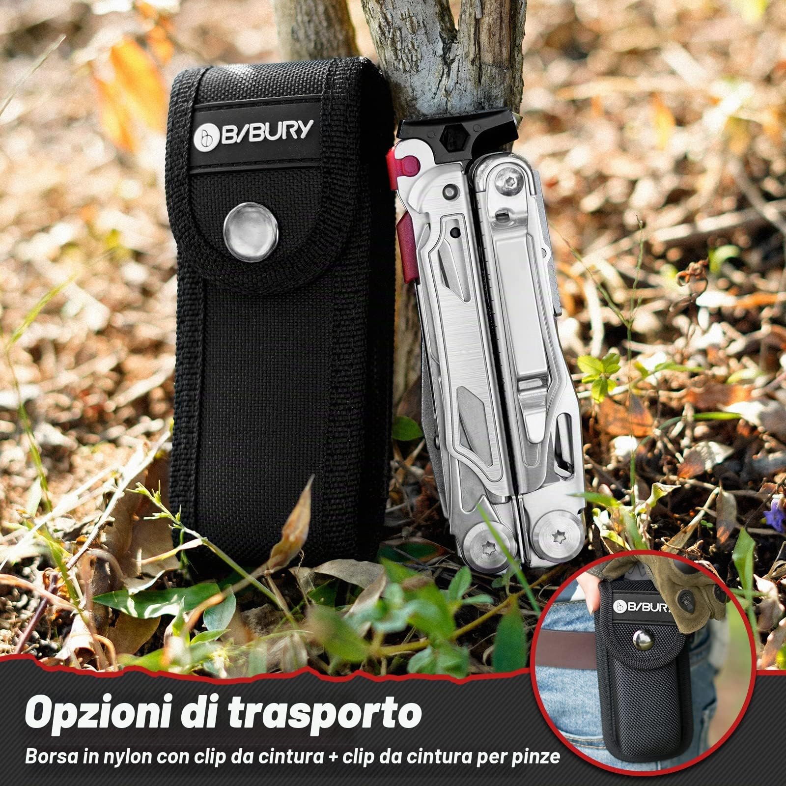 BIBURY Pinza Multiuso,22 in 1 Pinza Multifunzione in Acciaio Inox, Pieghevole con Forbici Potenziati e Martello,Utensile Multifunzione con Serrature di Sicurezza per Esterno,Campeggio,Emergenza