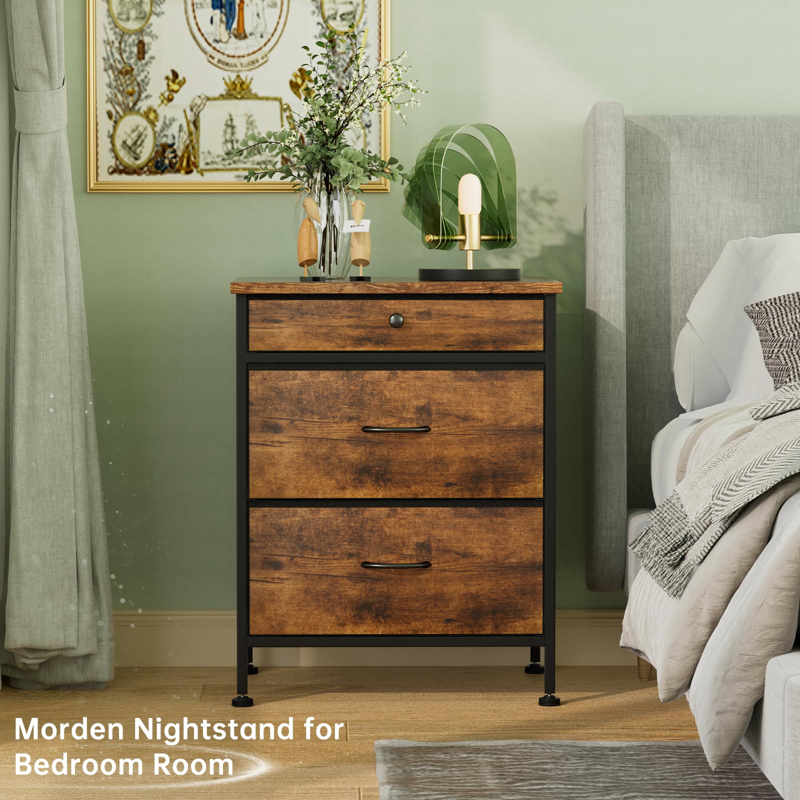 GipGiper Nightstand 3 Drawers Dresser for Bedroom, Small Dresser Night Stand with Fabric Bins, Wooden Front, Industrial Bedside Table End Side Table for Living Room, Dorm, Closet, Rustic Brown