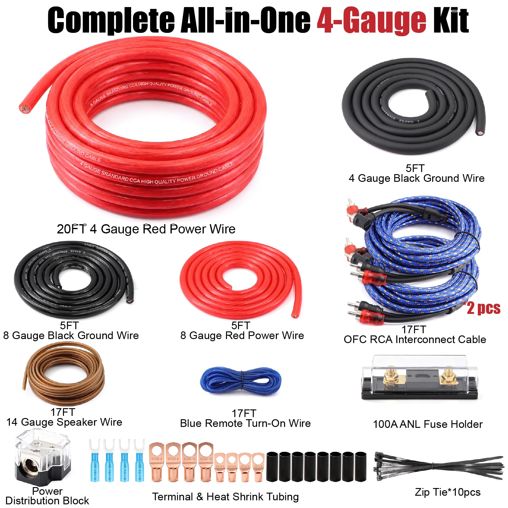 Kit de câblage double ampli de calibre 4, kit d'installation complet d'amplificateur audio de voiture 1000 W avec fusible ANL 100 A, câbles RCA OFC, fil de haut-parleur et bloc de distribution pour