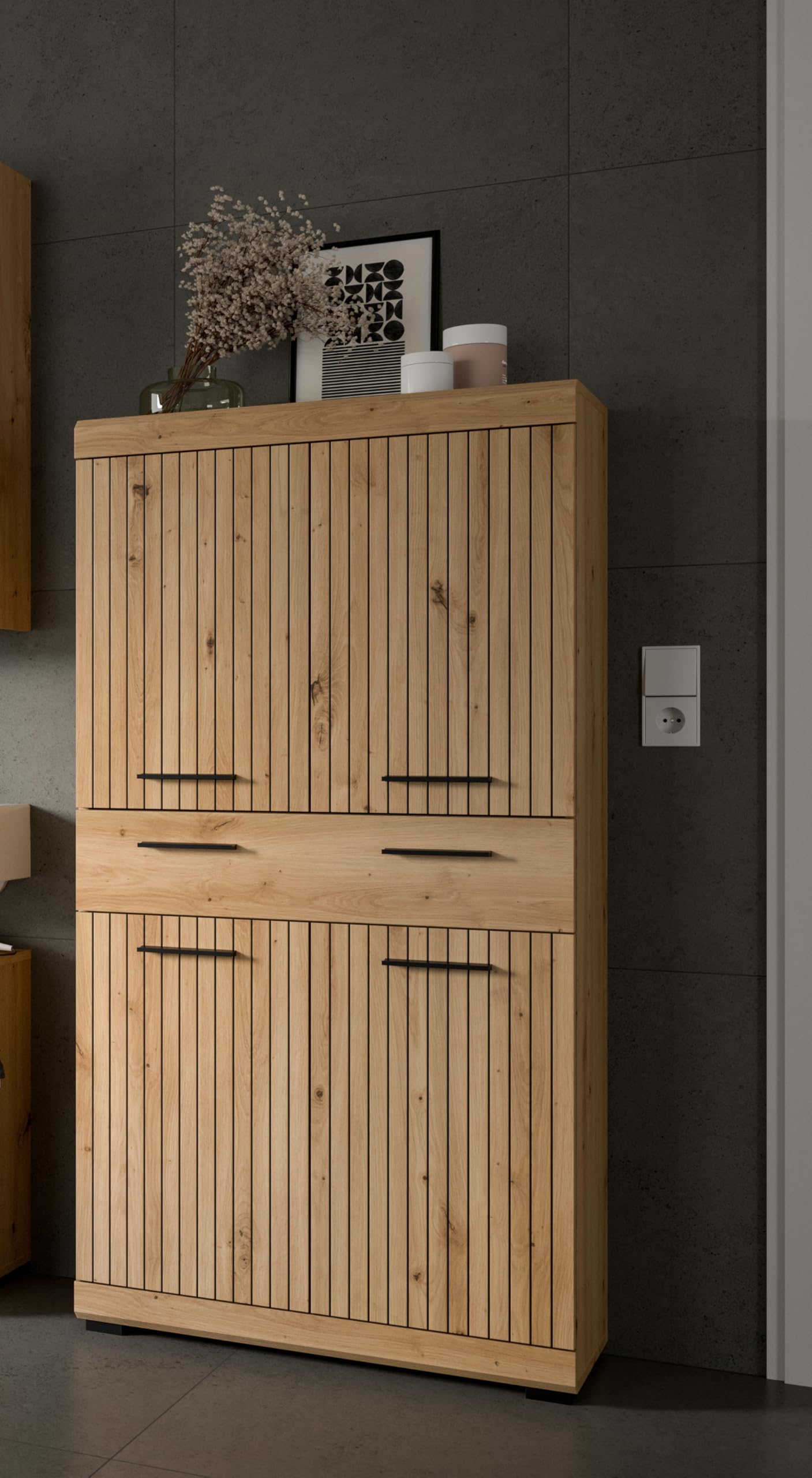 xonox.home – Midischrank Scout 74x141x31 cm in Artisan & Schwarz – Mittelhoher Badschrank mit 4 Türen & 1 Schubkasten –eschlossene Fächer bieten optimalen Platz für Ihre tägliche Routine im Bad – Bild 6