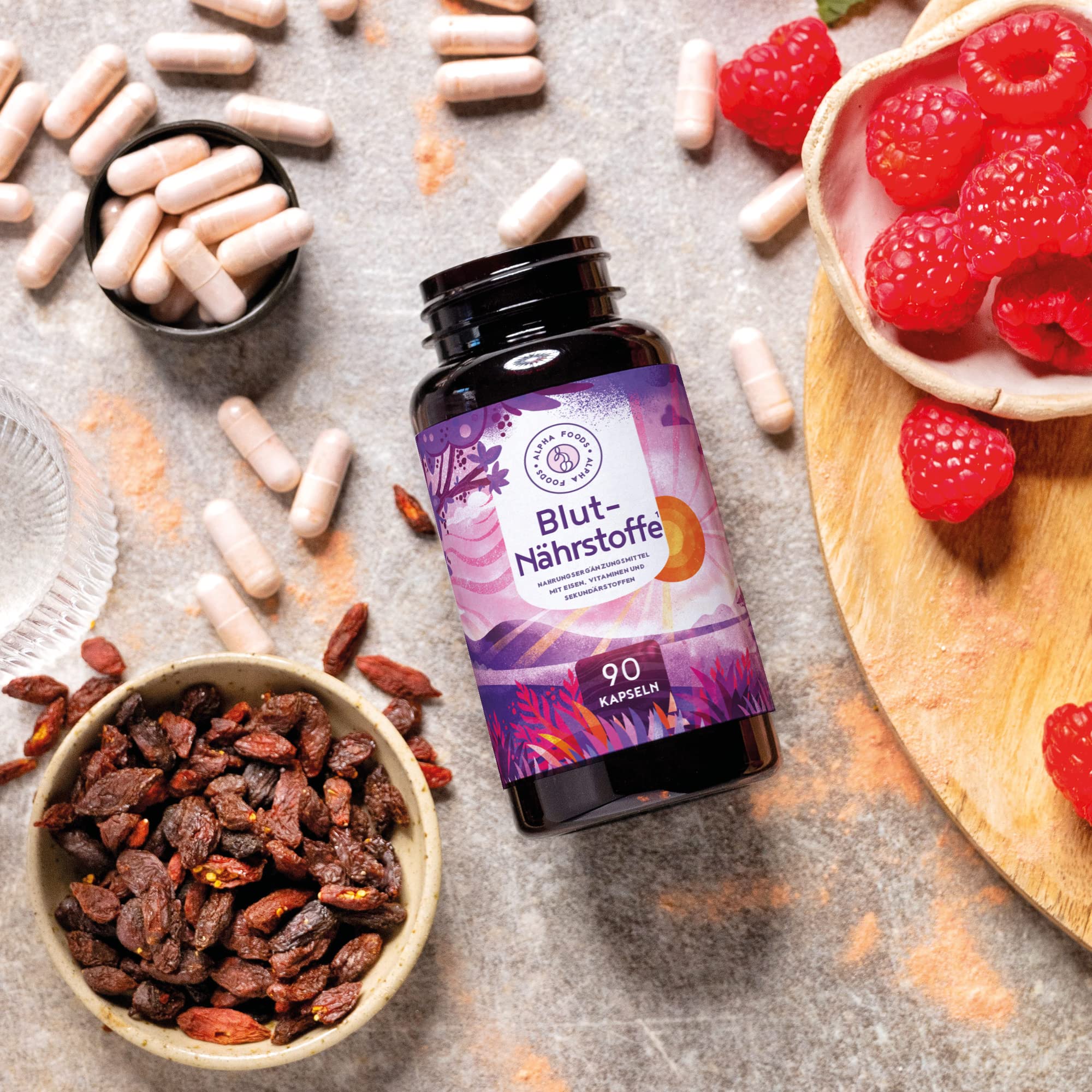 Blutnährstoffe - Gesundes Blut, Mit Eisen, Vitamin B6 und B12, Folate, Vitamin C, Himbeeren, Goji und Açai - 90 Kapseln