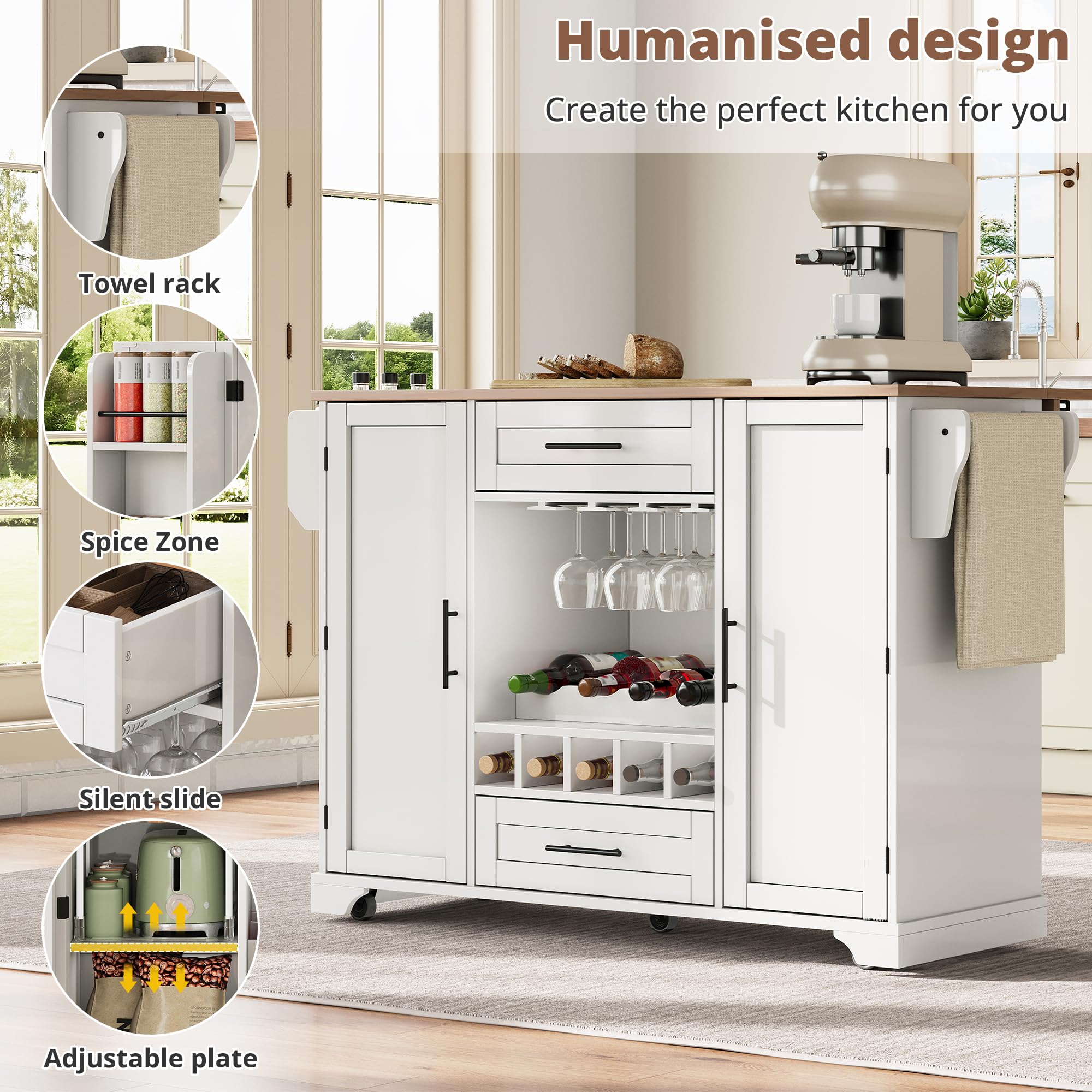Isla De Cocina Móvil con Ruedas, Carro de Cocina con Mesa de Comedor Extensible, Mueble Auxiliar Cocina con Botellero, Soporte para Vasos, Estante para Especias y Toallero, 120x45x92cm (Blanco)