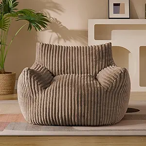 Giant Plush Bean Bag Chair for Adults with Armrests - Oversized Comfy Khaki Beanbag Lounge Lazy Floor Sofa Chair for Living Room, Bedroom & Dorm, Cozy Fluffy Single Cloud Mini Couch