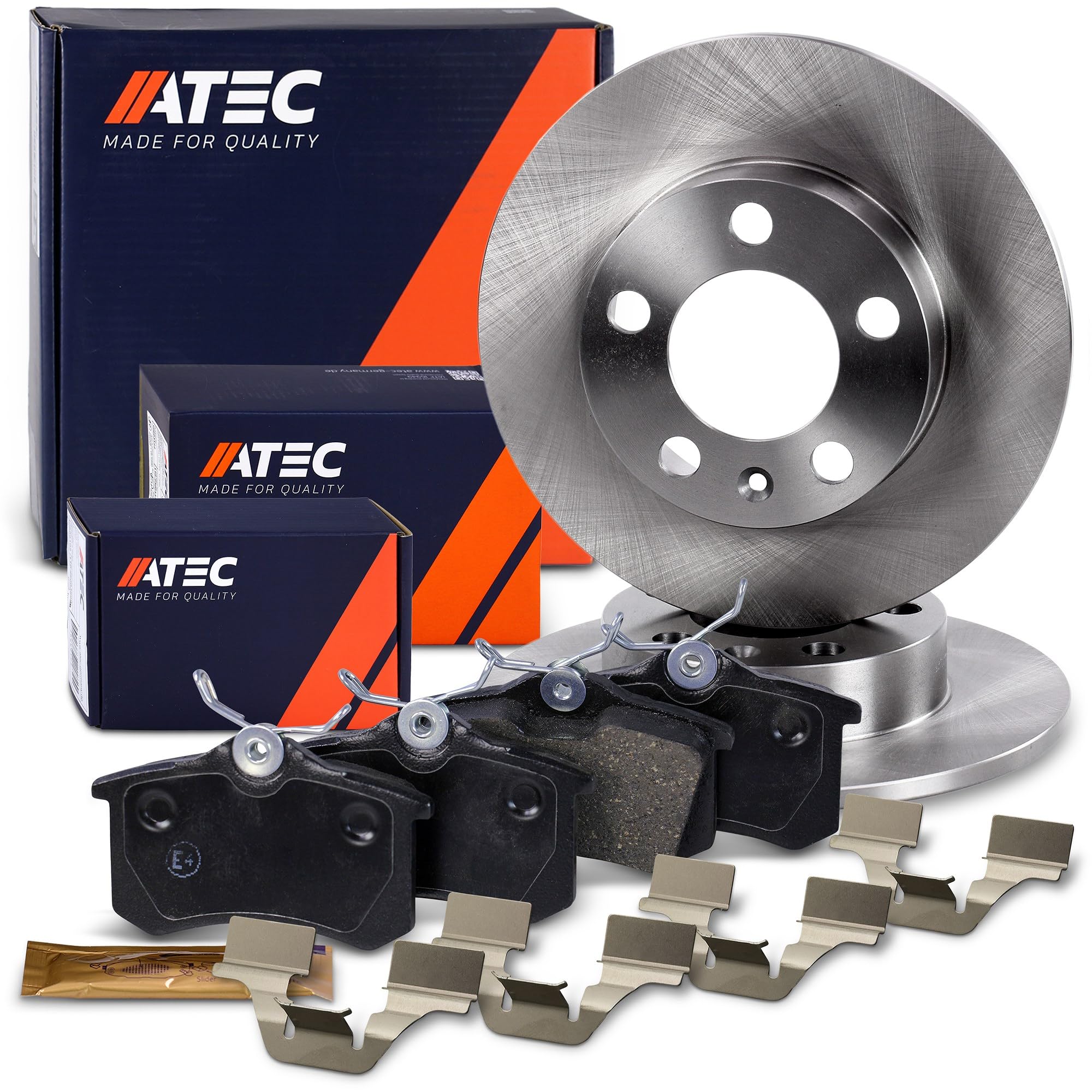 ATEC Germany Juego de frenos eje trasero incl. discos de freno Ø 230 mm | Compatible con: Audi A1, A1 Sportback, A2, A3, TT, TT Roadster, Seat Cordoba, Ibiza III, Ibiza IV, Ibiza IV SC, Ibiza IV ST