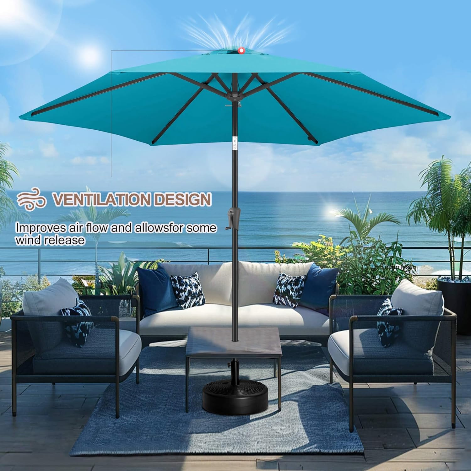 FLAME&SHADE 10ft Patio Umbrella - Outdoor Umbrella with 6 Sturdy Ribs, Push Button Tilt and Crank, UV Protection Table Market Umbrella for Pool, Porch, Garden, Deck, Backyard (Aqua Blue)