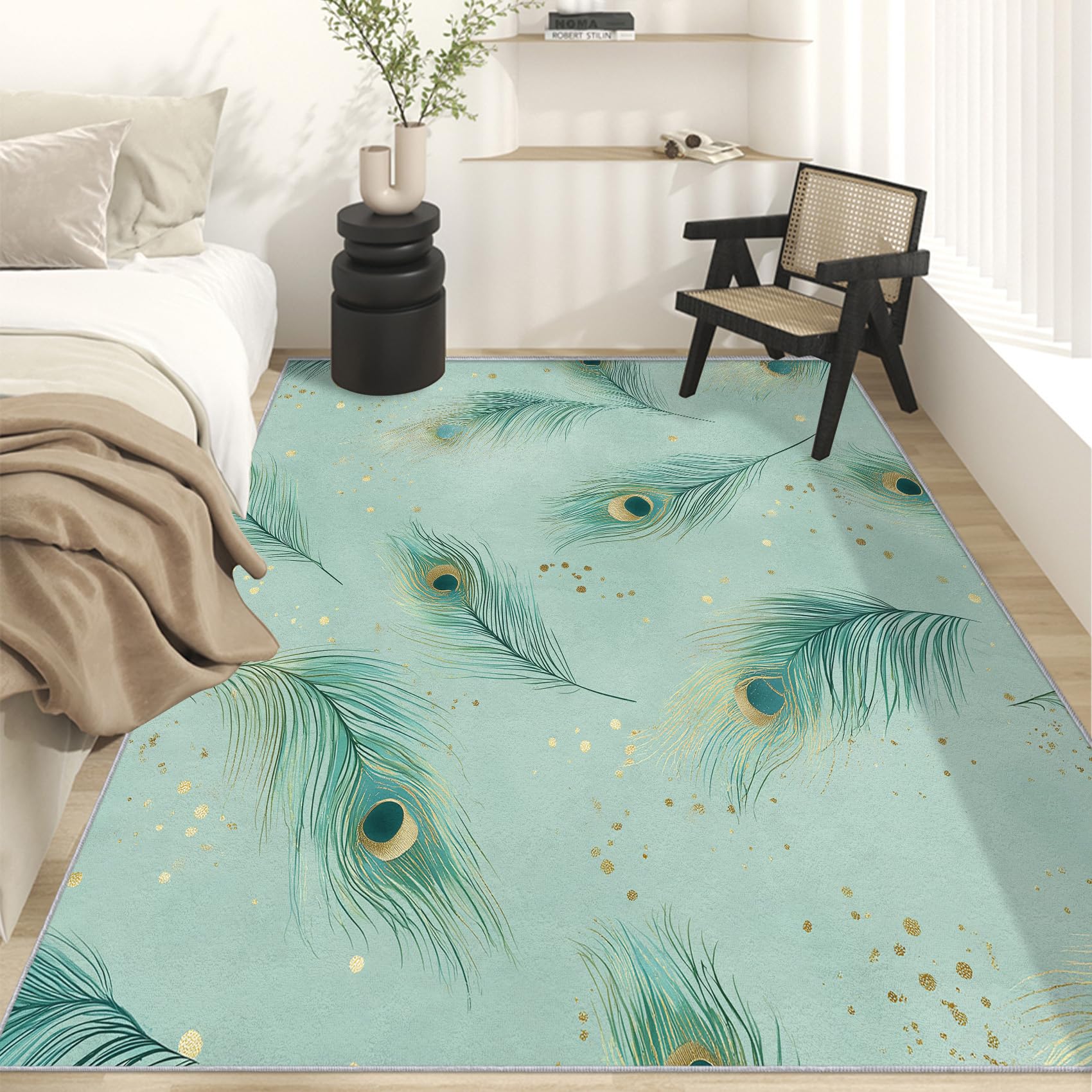 Generico Tappeto Salotto Piuma di Pavone 120x170 cm, Tappeto Piuma Verde, Antiscivolo Pelo Corto Lavabili per Camera da Letto Cucina Bagno P-&64