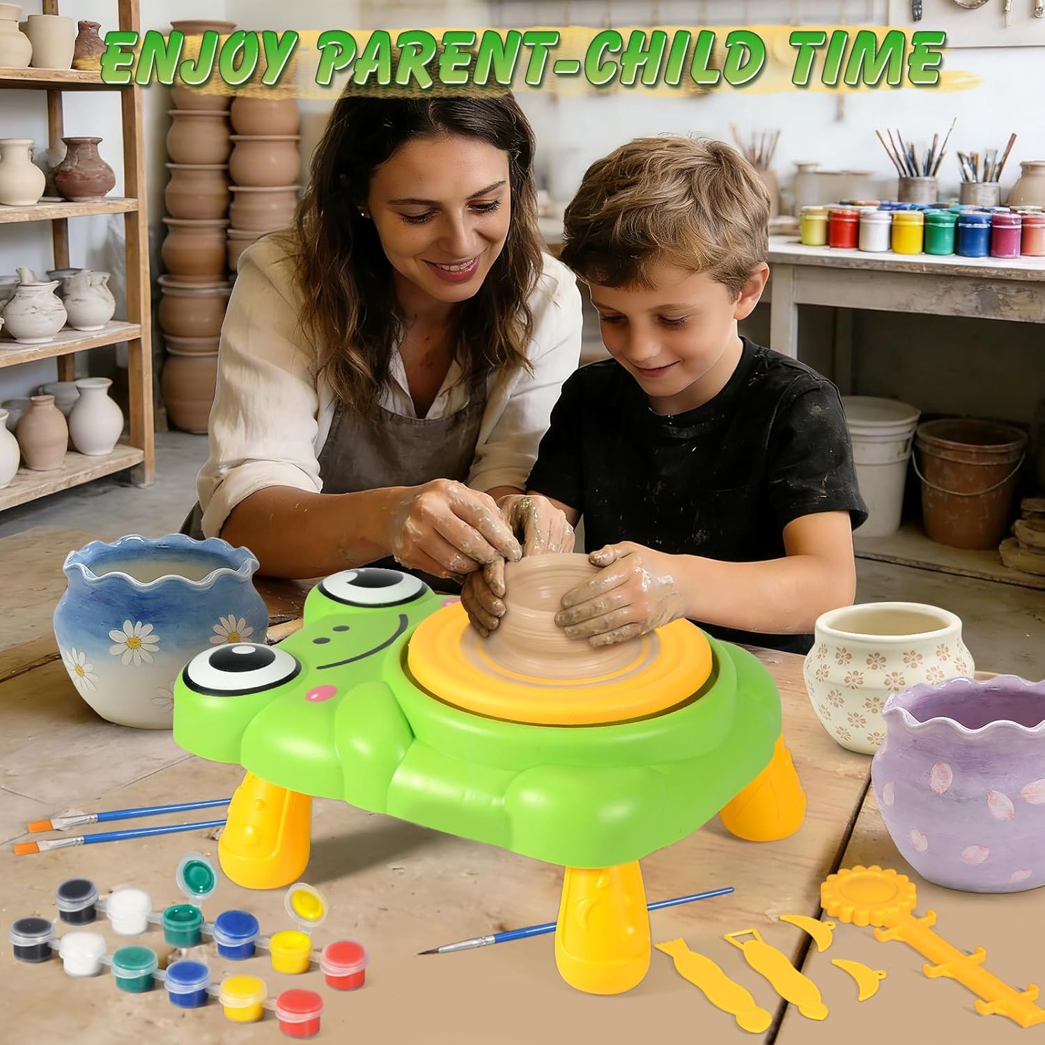 Pottery Wheel for Kids Complete Pottery Painting Kit Arts and Crafts for Kids Ages 3-12 with 4 Pack Pottery Clay,Sculpting Tools, DIY Kits Clay Maker for Beginners Art Supplies Toys for Girls Boy