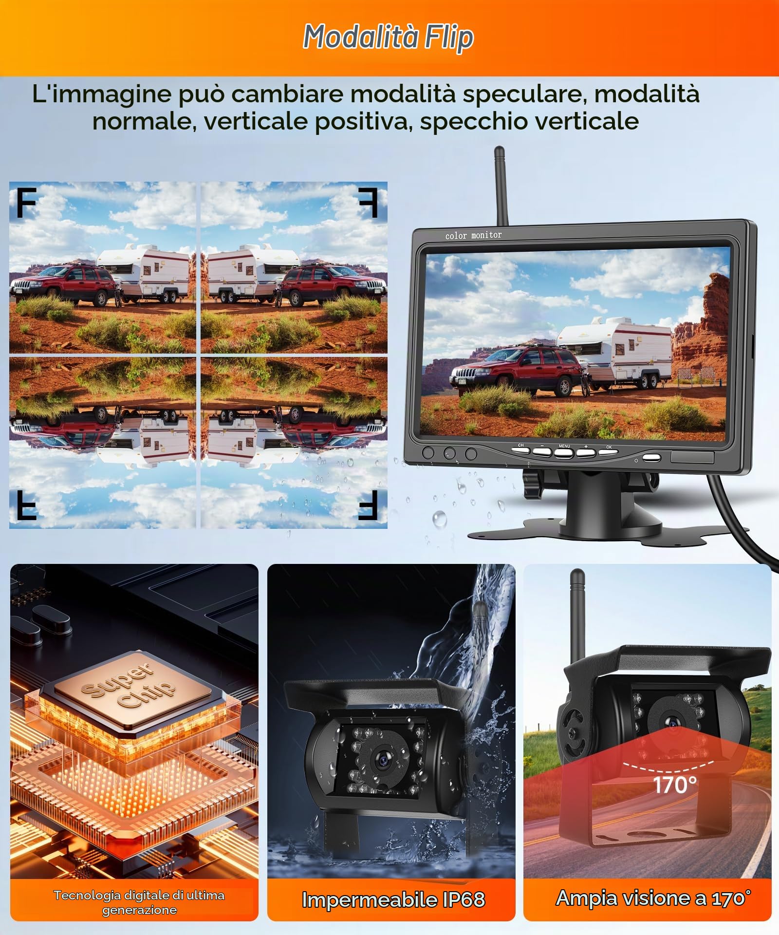VECHTEL 2*Telecamera posteriore wireless con IPS monitor da 7 pollici,schermo diviso in 4 parti/assistenza al parcheggio,telecamera posteriore AHD IP68 per visione notturna per SUV,camion camper