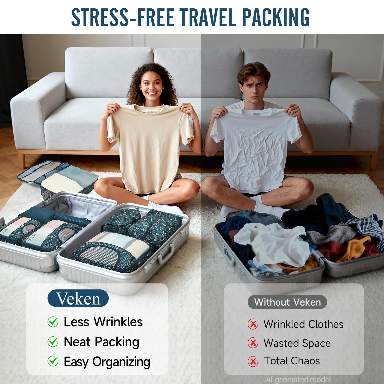 Veken 8 Set Packing Cubes for Travel Essentials,Anti-Wrinkle Buckled Suitcase Organizer for Shoe & Toiletry Bag,Carry On Luggage Bag with 99+ Count Mesh Holes for Airplane & College Dorm Accessories view 7