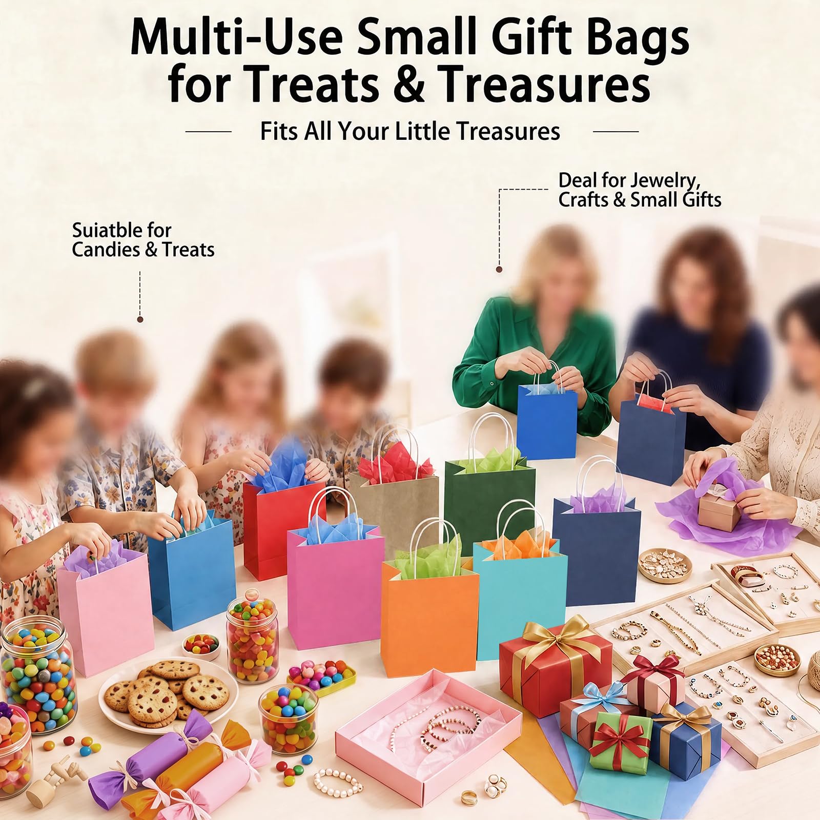 Sankoly Kleine Geschenktüten mit Griffen und Seidenpapier, 20 Farben, Kraftpapier, Partyzubehör, 15 x 7 x 21 cm, 200 Stück