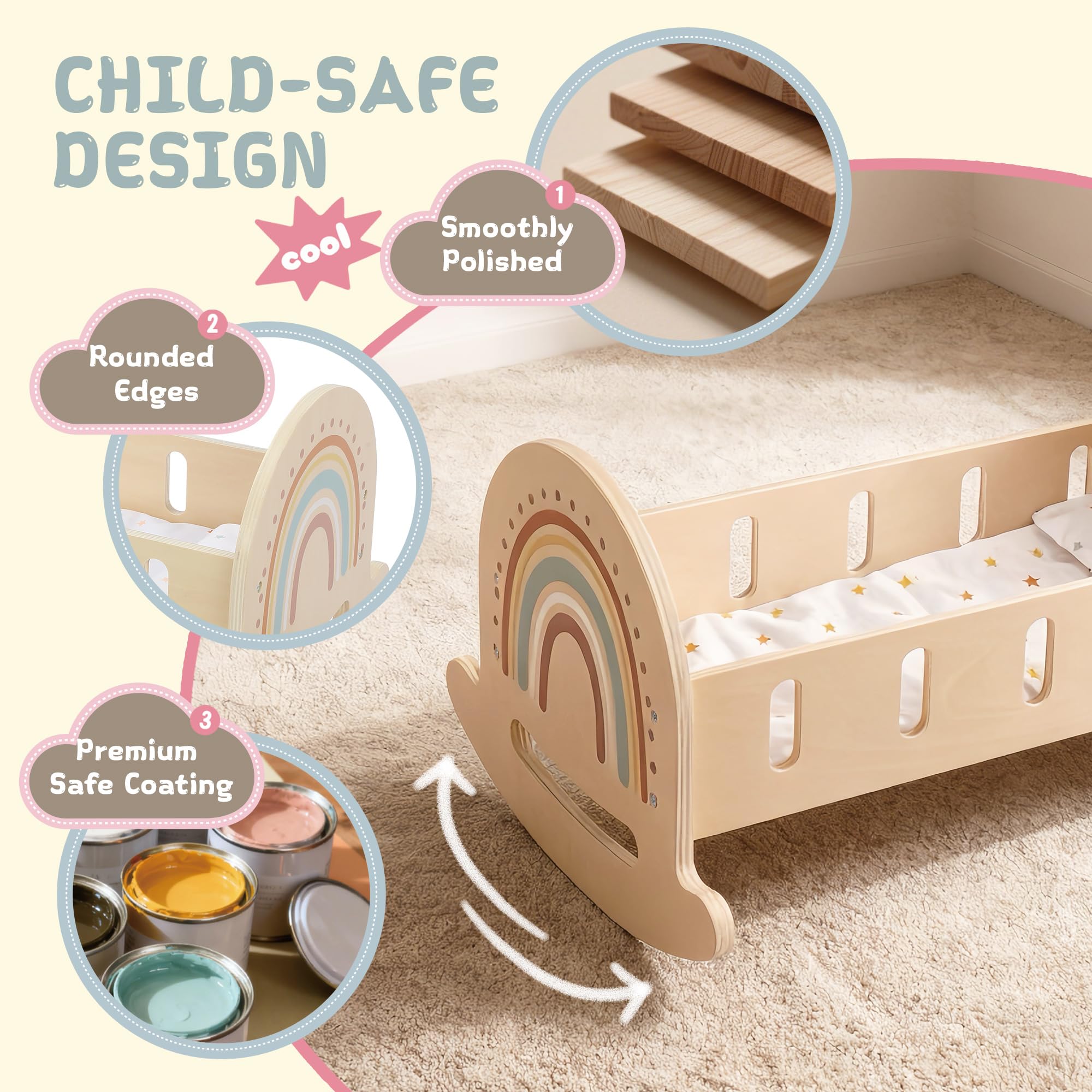 FReniland Baby-Puppenwiege mit 1 Kissen & 1 Kissen