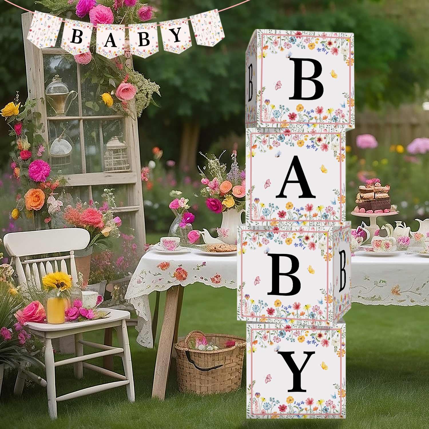 Heboland Wildflower Baby Shower Decorations - 4 Pcs in Bloom Thickened Cardstock Blocks With Letters, Banner, Clear Stickers for Girls Party Decor
