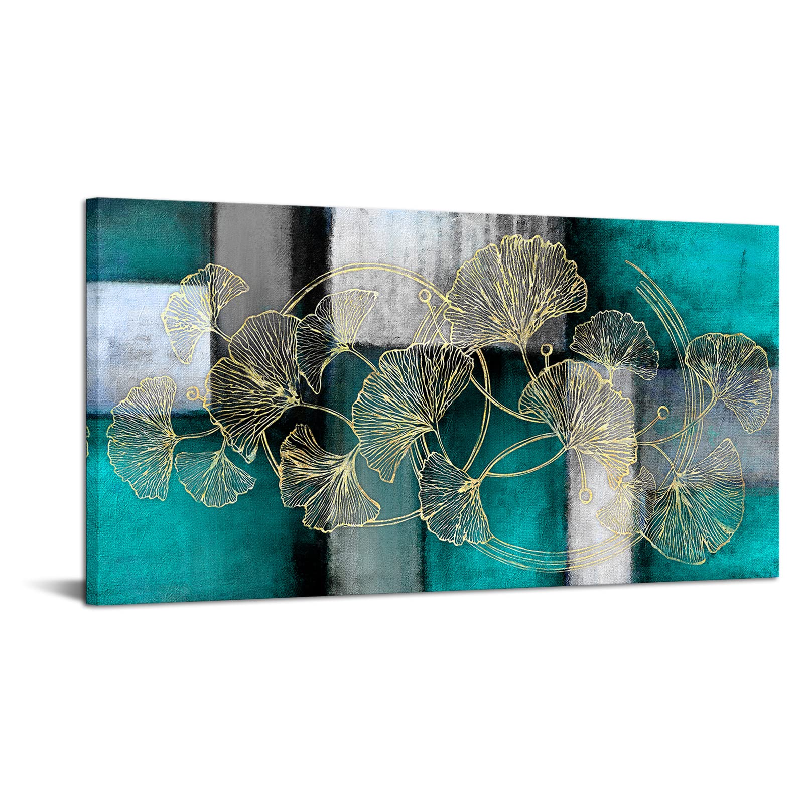 sechars Large Abstract Canvas Wall Art Golden Ginkgo Leaf Painting Artwork Modern Leaves Picture for Living Room Bedroom Decoration 24x48 Inch (Green)