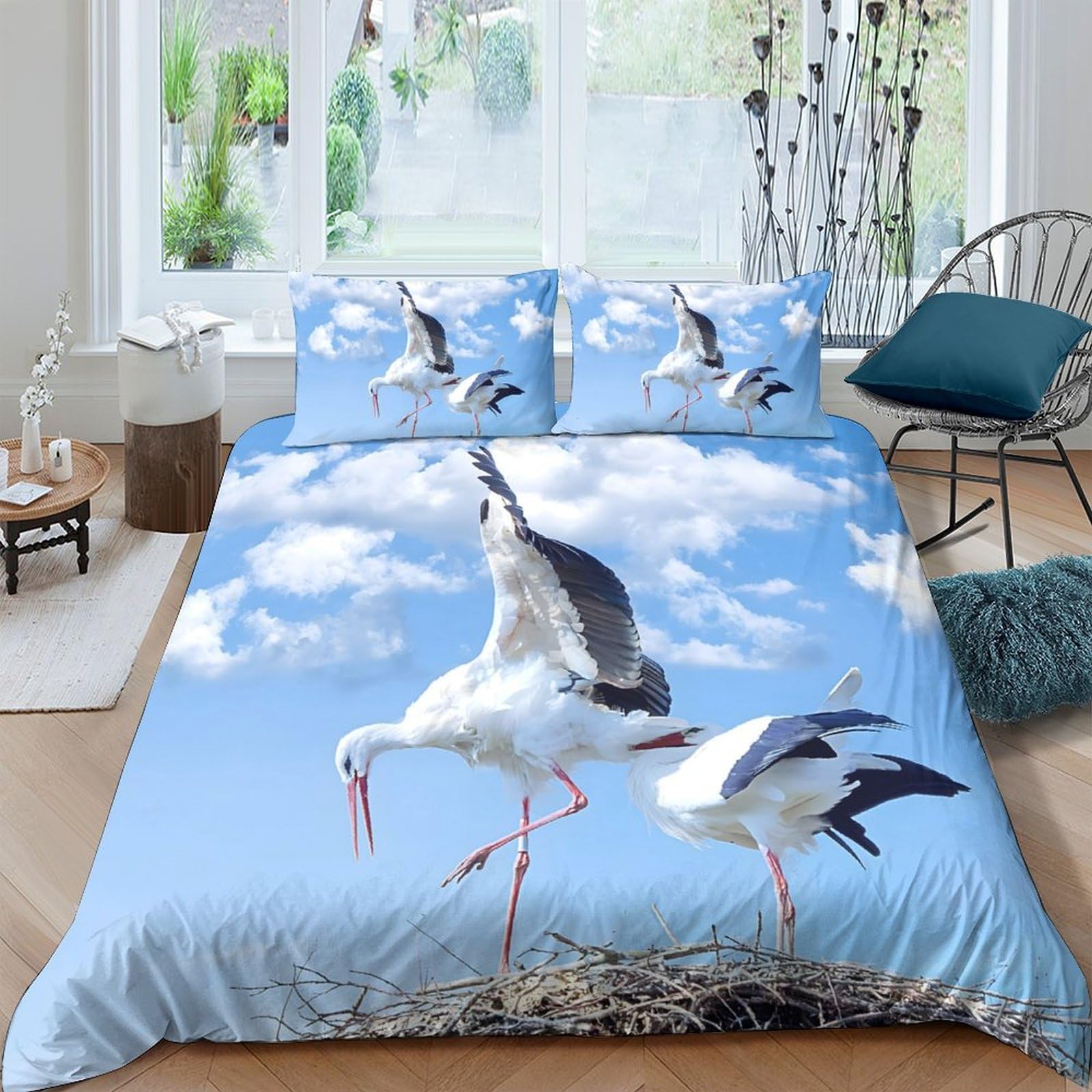 Ctjqhvkz Style-6 3D Printed Stork Sky Fitted Sheet Microfiber Soft Blue Clouds Mattress Cover For Bedroom Guest Room Decor Single（135X200cm）