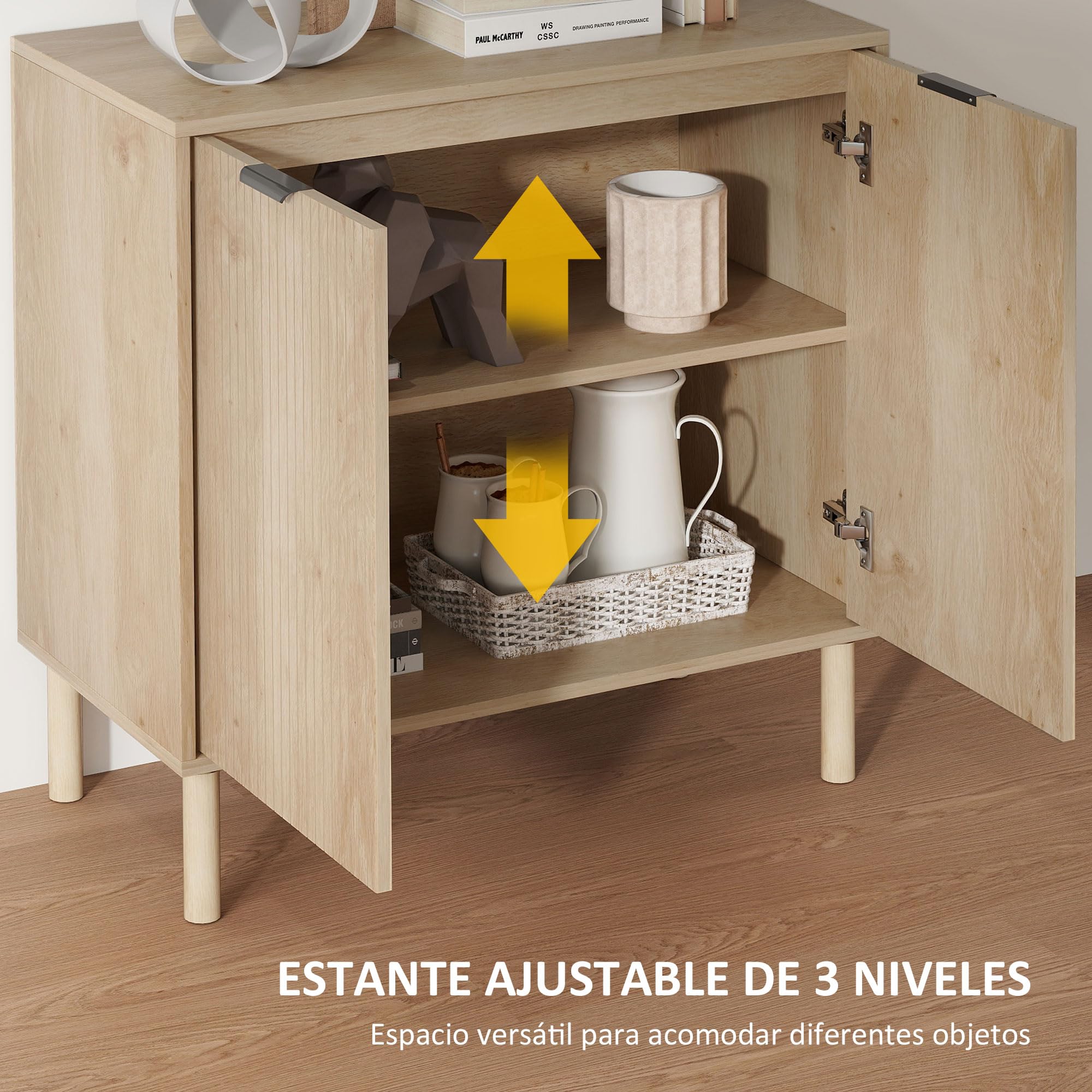 HOMCOM Aparador de Salón Estante Ajustable 2 Puertas 78x40x77,5 cm Roble | Aparador, Sistema Anti-vuelco, Patas de Madera de Pino, para Comedor Pasillo