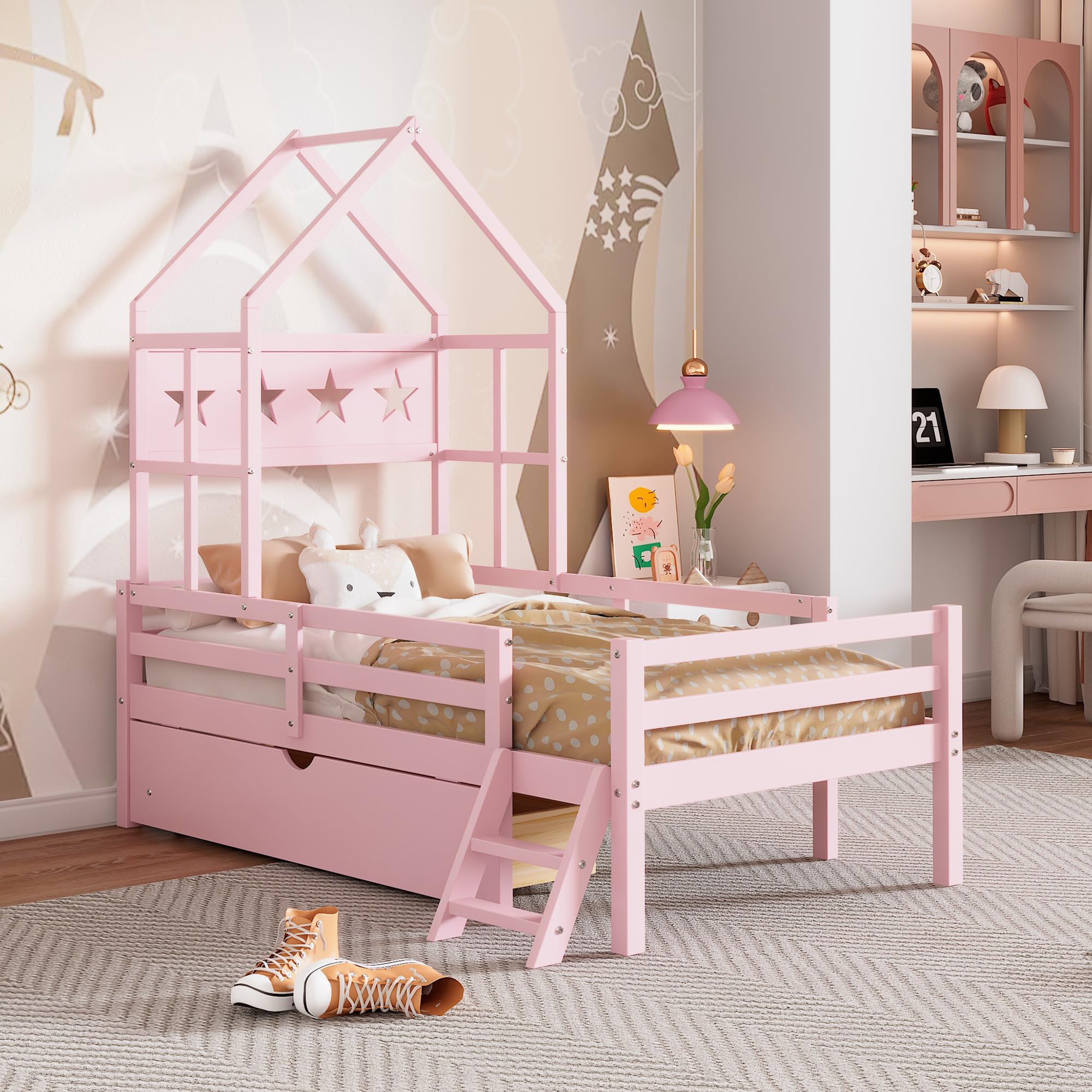 KT Rolster Twin Size House-Shaped Platform Bed with Safety Guardrail and Storage Drawer, Cute Wood Girls Bed Frame Twin with Stair for Kids, Teens, No Box Spring Needed, Easy Assembly, Pink