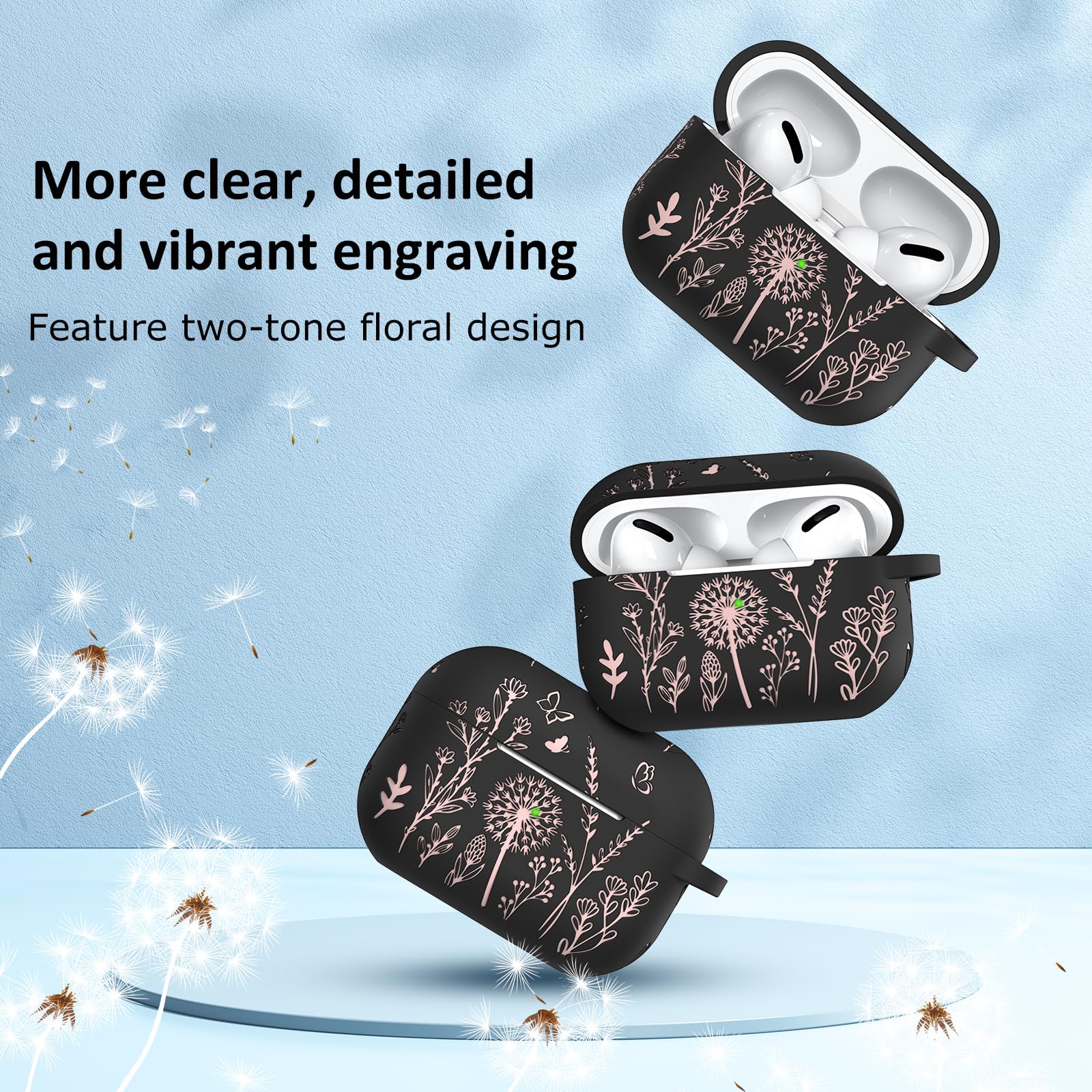 Minyee Airpods Pro 2nd Generation Case, Cute Floral Engraved Soft Silicone Two-Tone Protective Cover Compatible with Apple Airpods Pro 2nd & 1st Generation Replacement Case with Keychain, Black/Pink