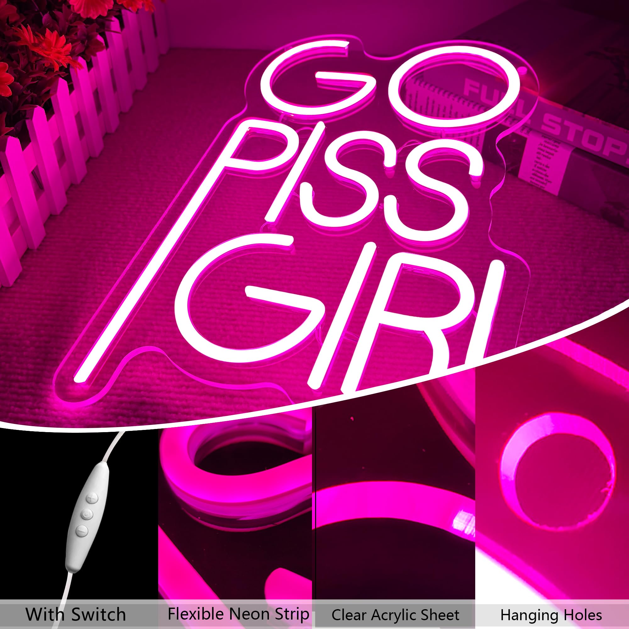 Go Piss Girl - Letrero de neón rosa regulable LED moderno para pared, decoración estética, arte de cultura pop, divertido letrero para bar, dormitorio, decoración de cumpleaños (14.5 x 10.6 pulgadas)