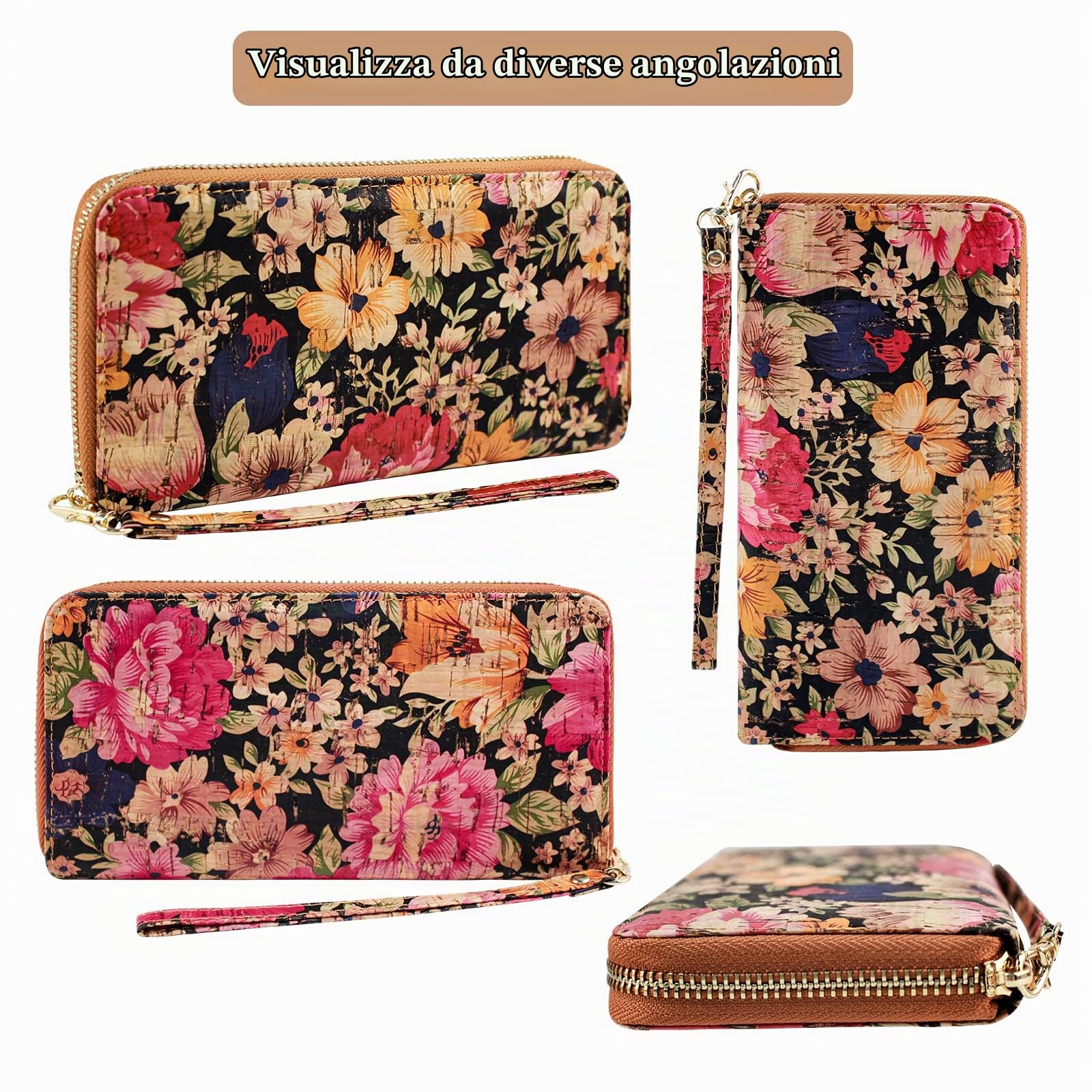 BOSHIHO Portafoglio da Donna in Sughero Vegano, Grande Capacità per Smartphone Pochette Lunga con Cerniera con Porta Carte di Credito Portamonete, Regalo Vegano