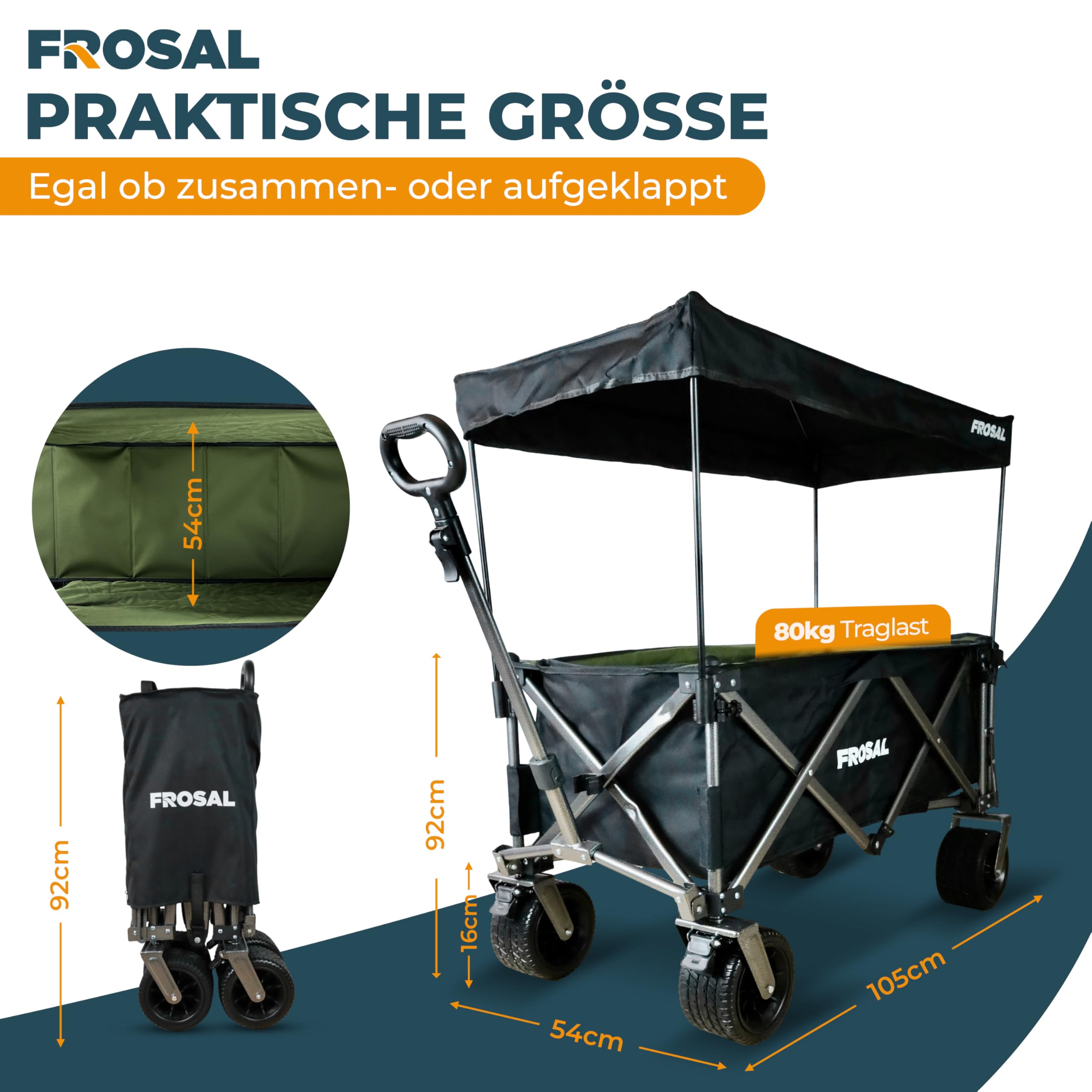 FROSAL Bollerwagen Theo faltbar mit Dach & Heckeinstieg – Handwagen klappbar für Hund & Kinder, Strand, Camping & Garten – 80kg belastbar, pannensichere Räder, höhenverstellbare Zugstange