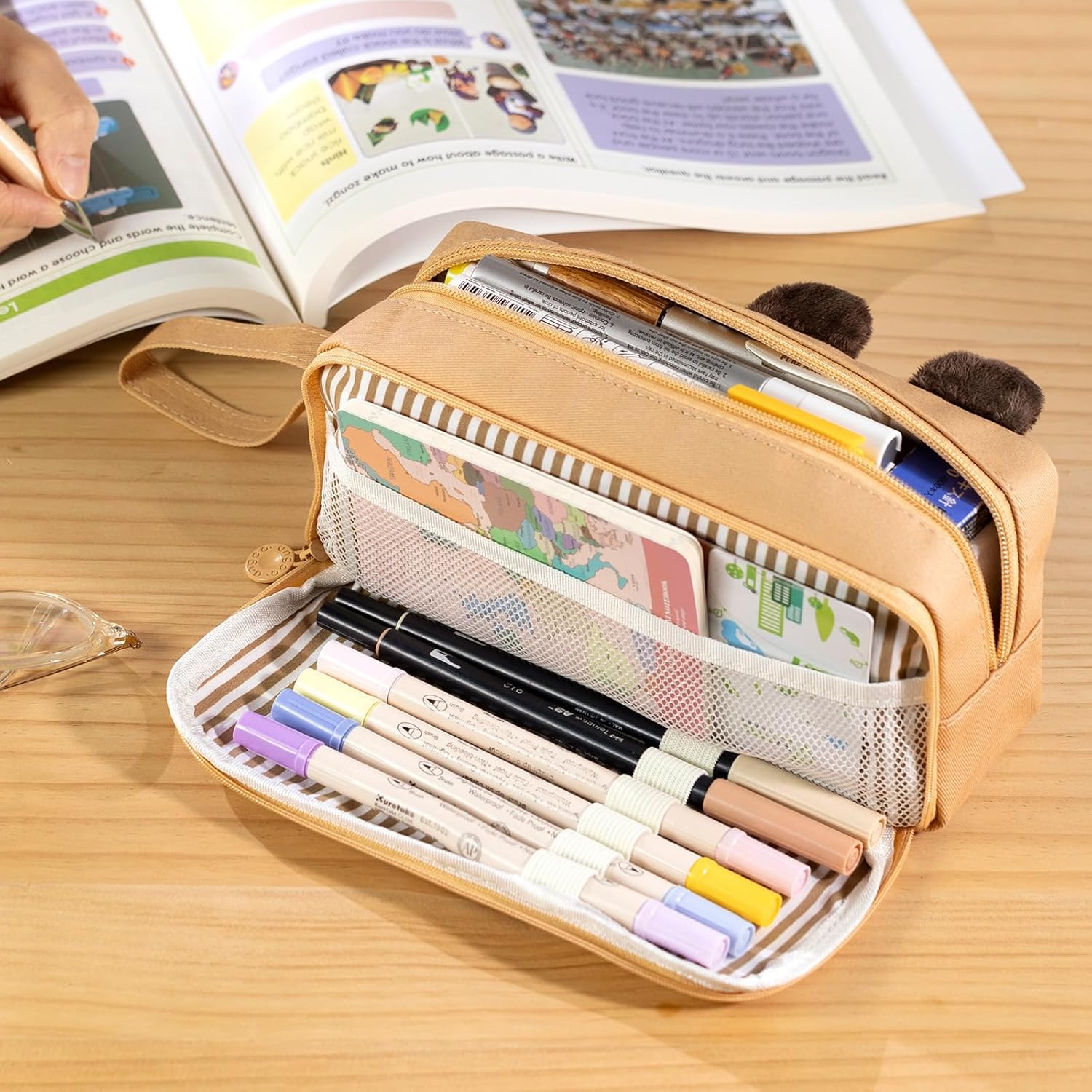 CICIMELON Cartoon Pencil Case, Large Capacity Pen Pouch with Embroidered Animal Design, School Supplies Bag for Kids, Teens, Students (Brown Capybara) - Image 2