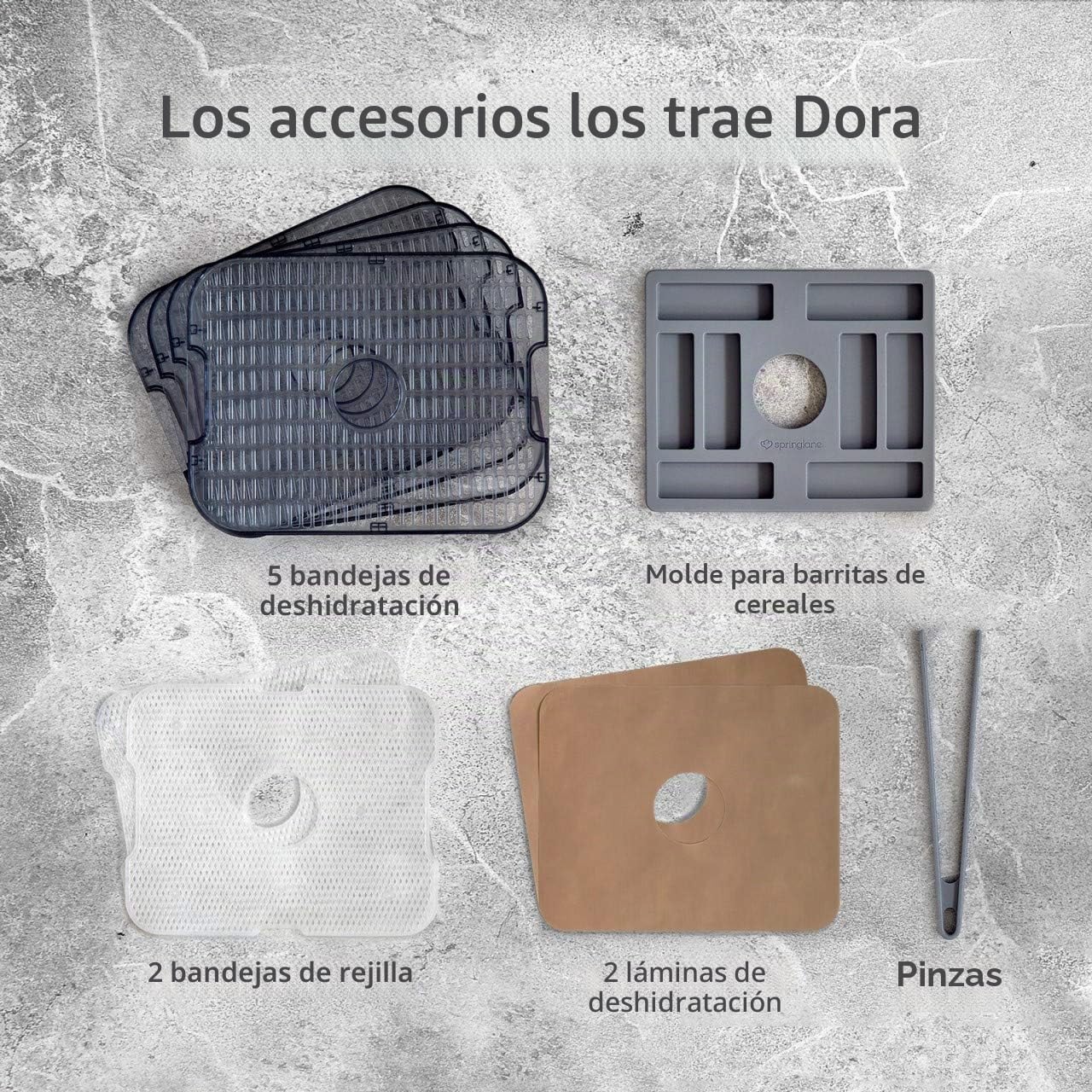 SPRINGLANE Deshidratador de alimentos antracita/negro, deshidratador de frutas verduras carne y hierbas, 5 bandejas de deshidratación, temporizador, temperatura ajustable, libro de Recetas