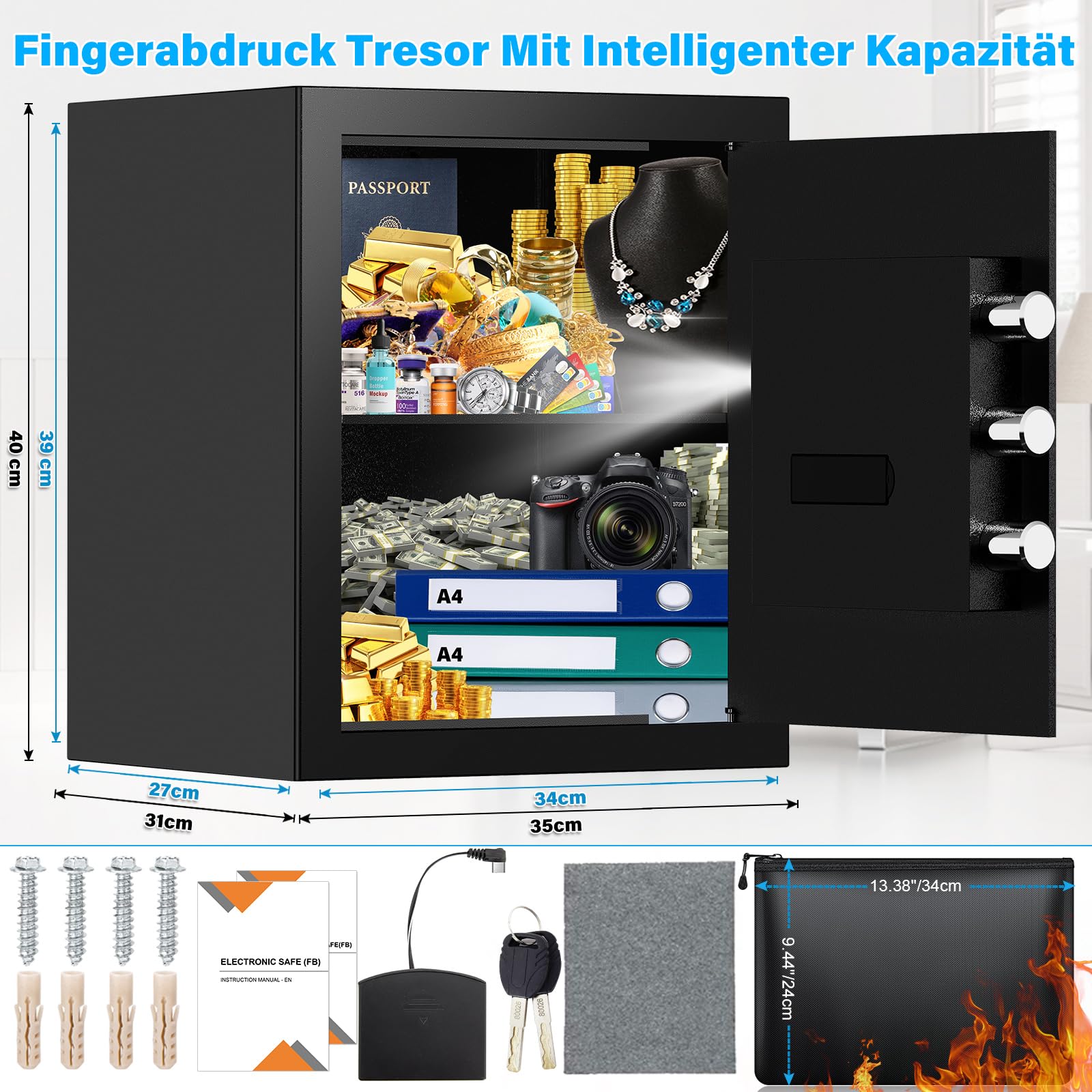 Mejasg 45L Cassaforte con impronta digitale con borsa ignifuga A4, cassaforte con impronta digitale per la casa con scaffale estraibile e sistema di allarme duale, cassaforte digitale per contanti