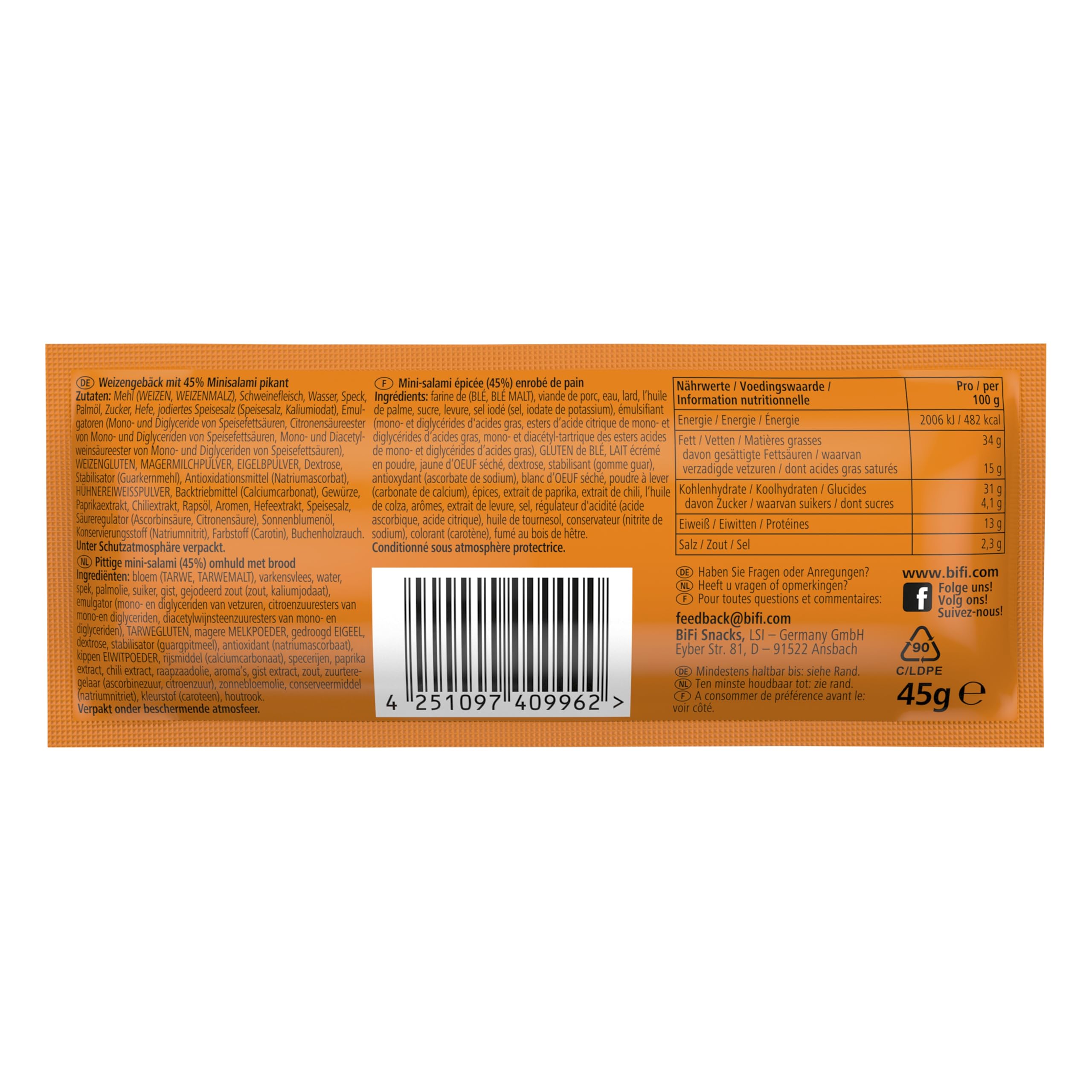 BiFi Roll Hot, Salamino Snack in Morbido Panino, Snack Piccante in Formato Tascabile, da Gustare in Viaggio, in Ufficio o Quando fai Sport, Con Peperoncino e Paprika, Confezione da 24 (24 X 45 g)