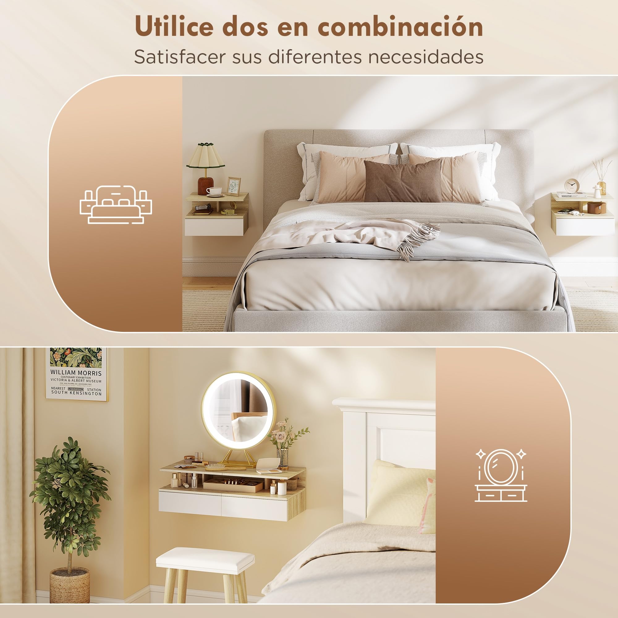 HOMCOM Juego de 2 Mesitas de Noche Flotantes con Cajón, Montado en la Pared, 35x32x22,5 cm, Roble y Blanco