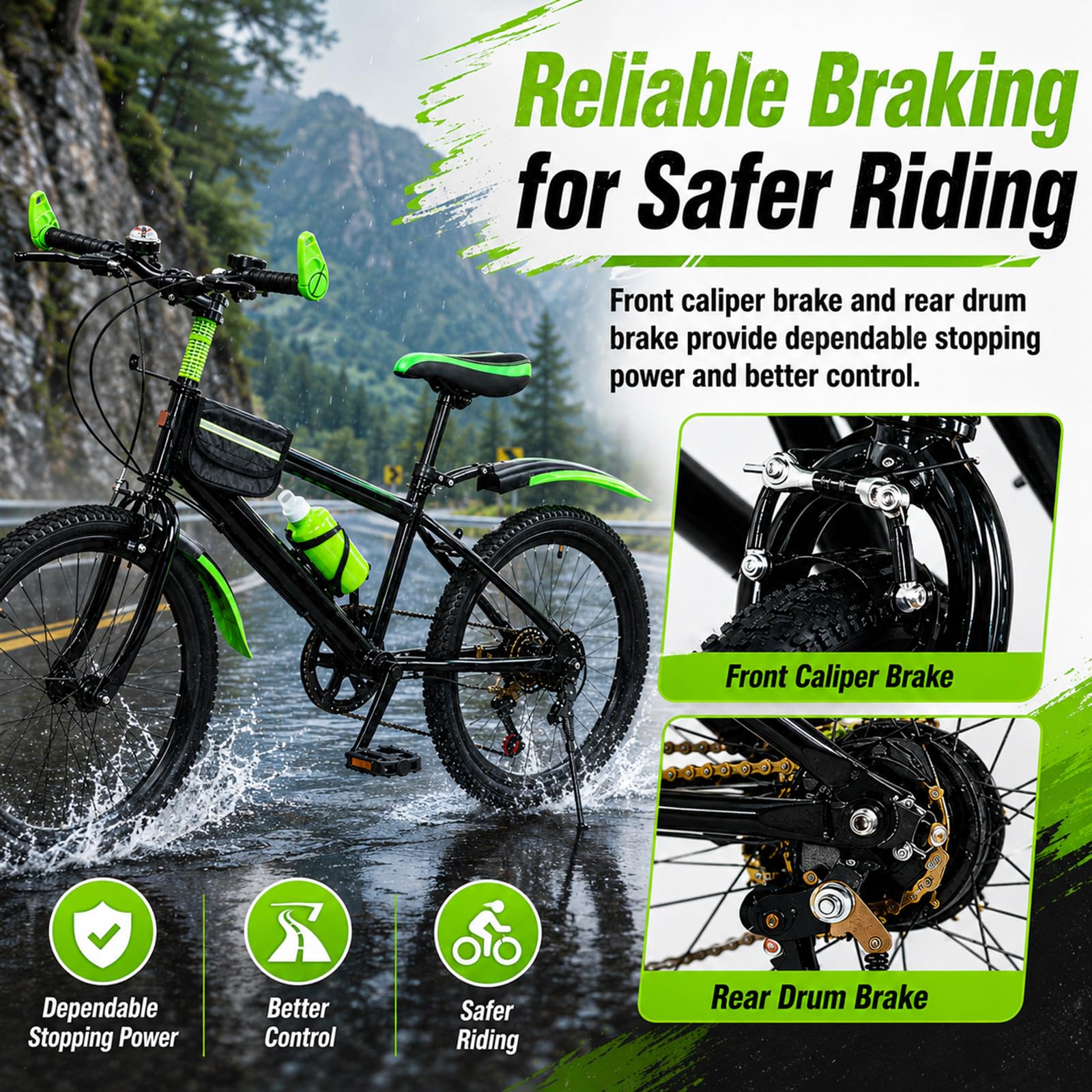 Vélo pour enfant de 20 pouces, VTT, vélo avec garde-boue, bouteille d'eau et clochette, cadre robuste en acier au carbone, pour garçons et filles de 8 à 12 ans, pour