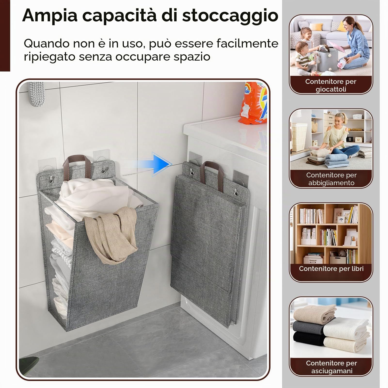 Cesto Per La Biancheria da Appendere al Muro, Cesti Per La Biancheria da Parete Pieghevoli Cesto Per La Biancheria da Appendere Cesto Per Armadio Pensile Portatile Per Armadio(Large-Grigio)