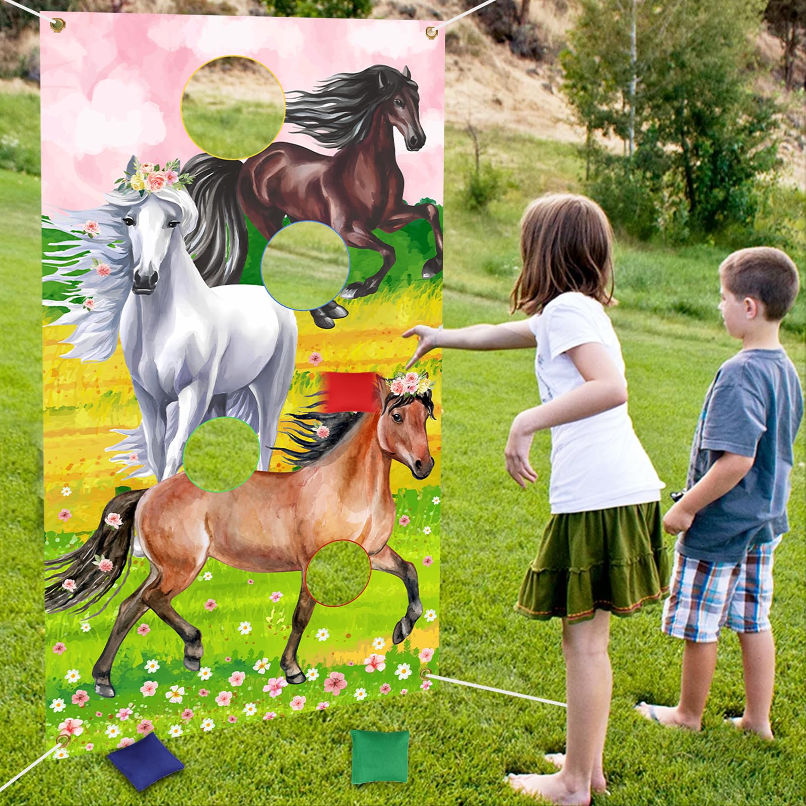 JOYMEMO Horse Toss Games with 4 Bean Bags Pink - Horse Birthday Party Games Include Horse Toss Game Banner and Bean Bags for Girls Adults, Western Cowgirl Theme Birthday Party Indoor Outdoor