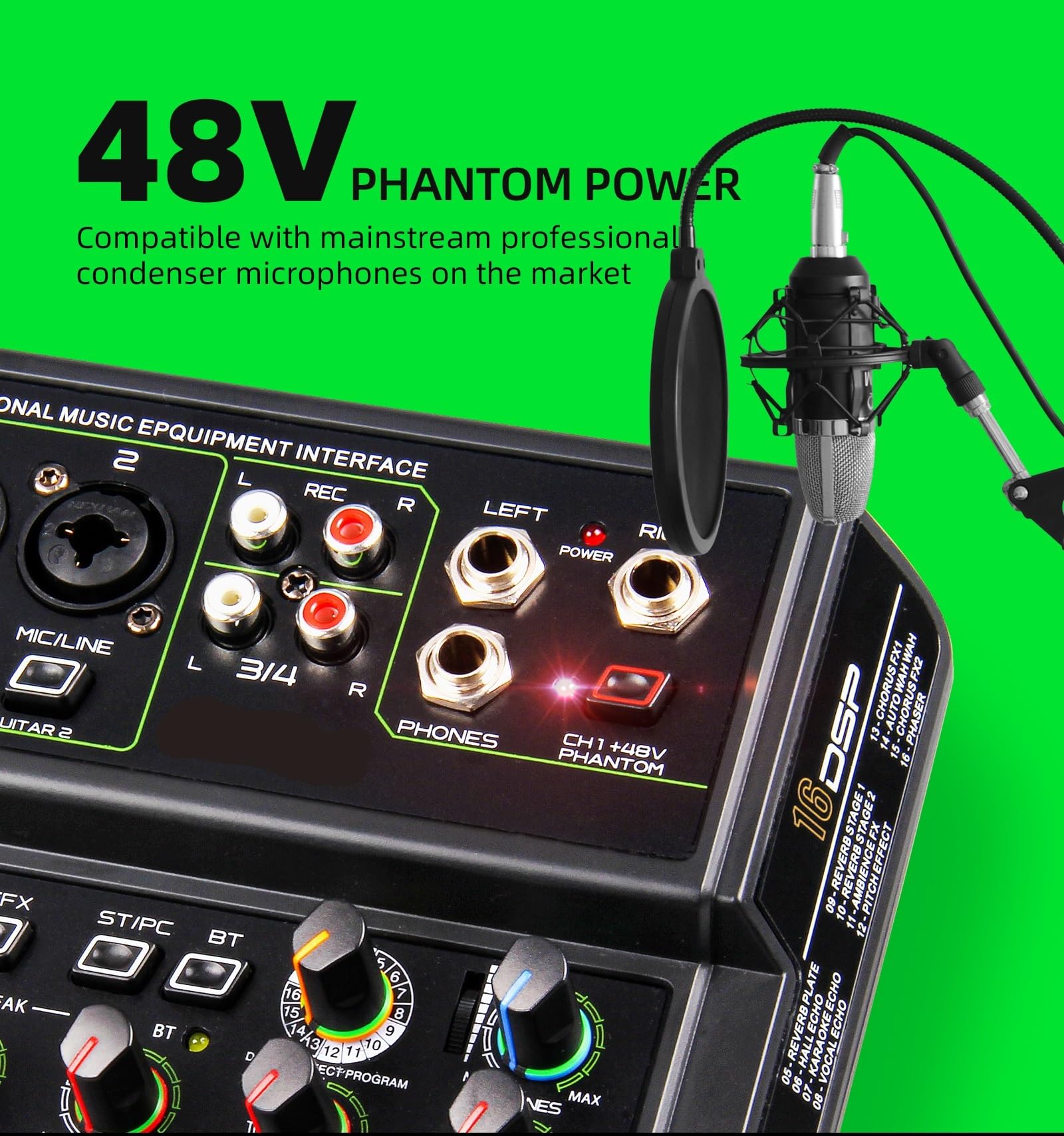 Mikser audio, 4-kanałowa karta dźwiękowa z funkcją Reverb Live Bluetoothem i gniazdem słuchawkowym 6,5 mm do monitora